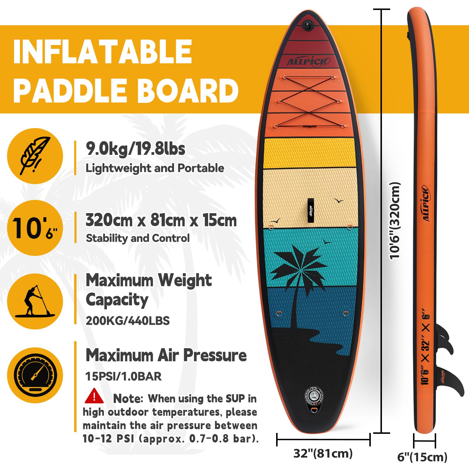 ALLPICK Premium SUP Board – aufblasbares Paddleboard Set mit Kamerahalterung, Paddel & Zubehör, für Anfänger & Fortgeschrittene, 150–180 kg, Orange