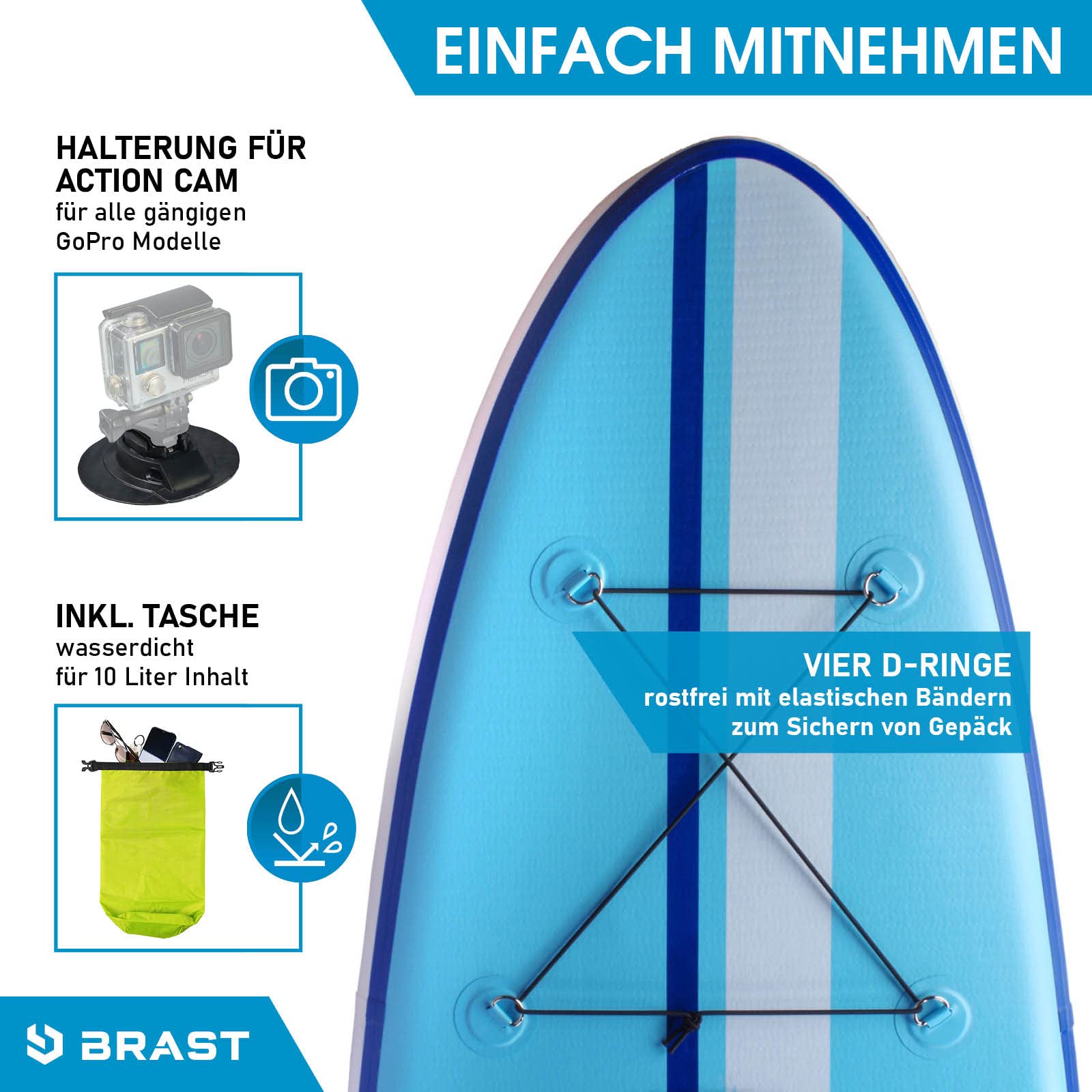 BRAST SUP Board Shark 320×81×15 cm – aufblasbares Paddle Set mit 2in1 Paddel, Kajak-Sitz, Zubehör & 5 Jahren Garantie, 8 Designs