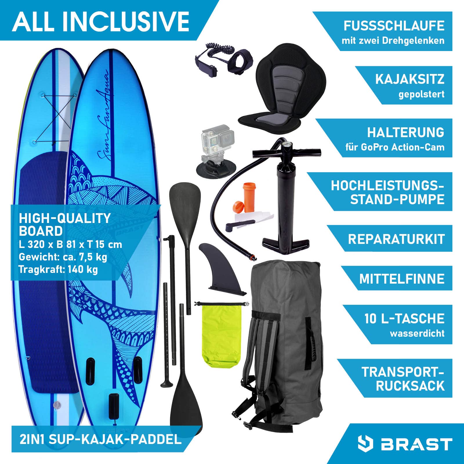 BRAST SUP Board Shark 320×81×15 cm – aufblasbares Paddle Set mit 2in1 Paddel, Kajak-Sitz, Zubehör & 5 Jahren Garantie, 8 Designs
