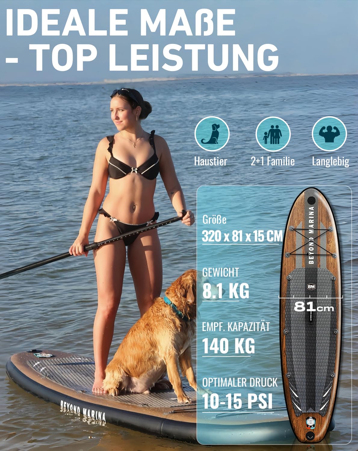 BEYOND MARINA SUP Board 320×81×15 cm – aufblasbares Paddleboard mit Sitz, 2-in-1 Paddel, Pumpe, Rucksack & Leash, Design Holzmaserung