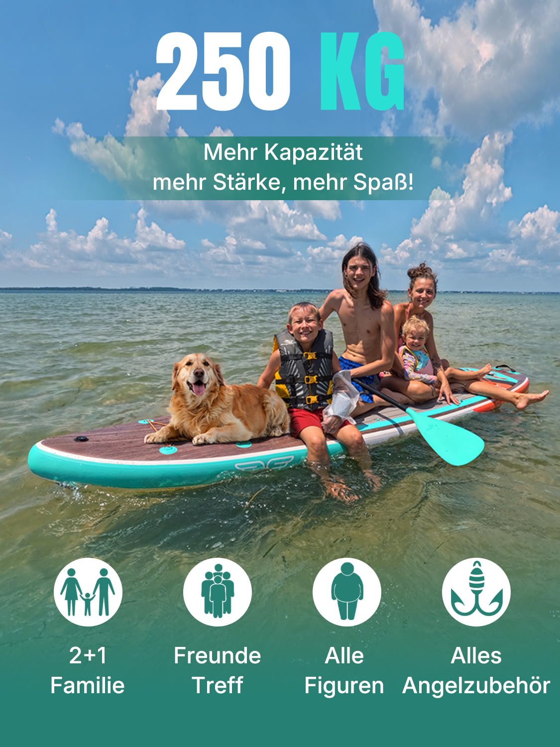 Niphean SUP Board Extra Groß – aufblasbares Stand-Up-Paddle für 2+1 Personen mit Balancierflügel, Handyhülle & Zubehör, familientauglich