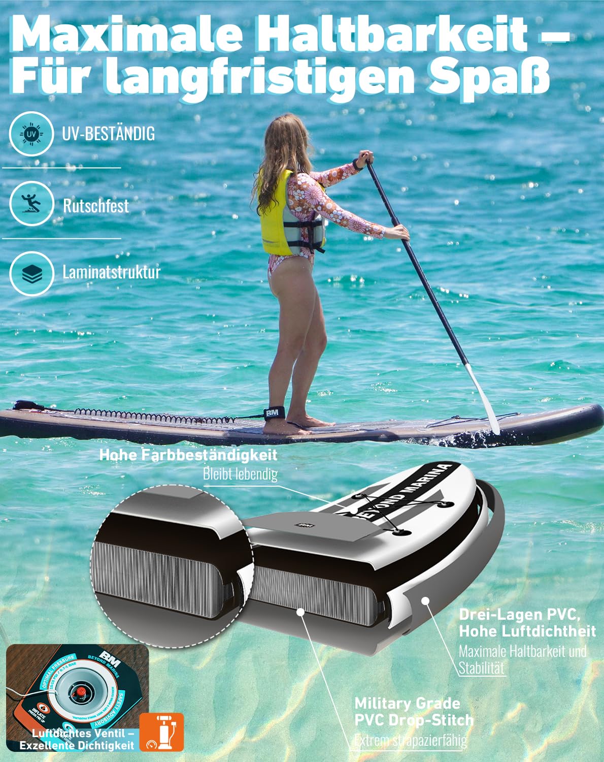 BEYOND MARINA SUP Board 320×81×15 cm – aufblasbares Paddleboard mit Sitz, 2-in-1 Paddel, Pumpe, Rucksack & Leash, Design Holzmaserung