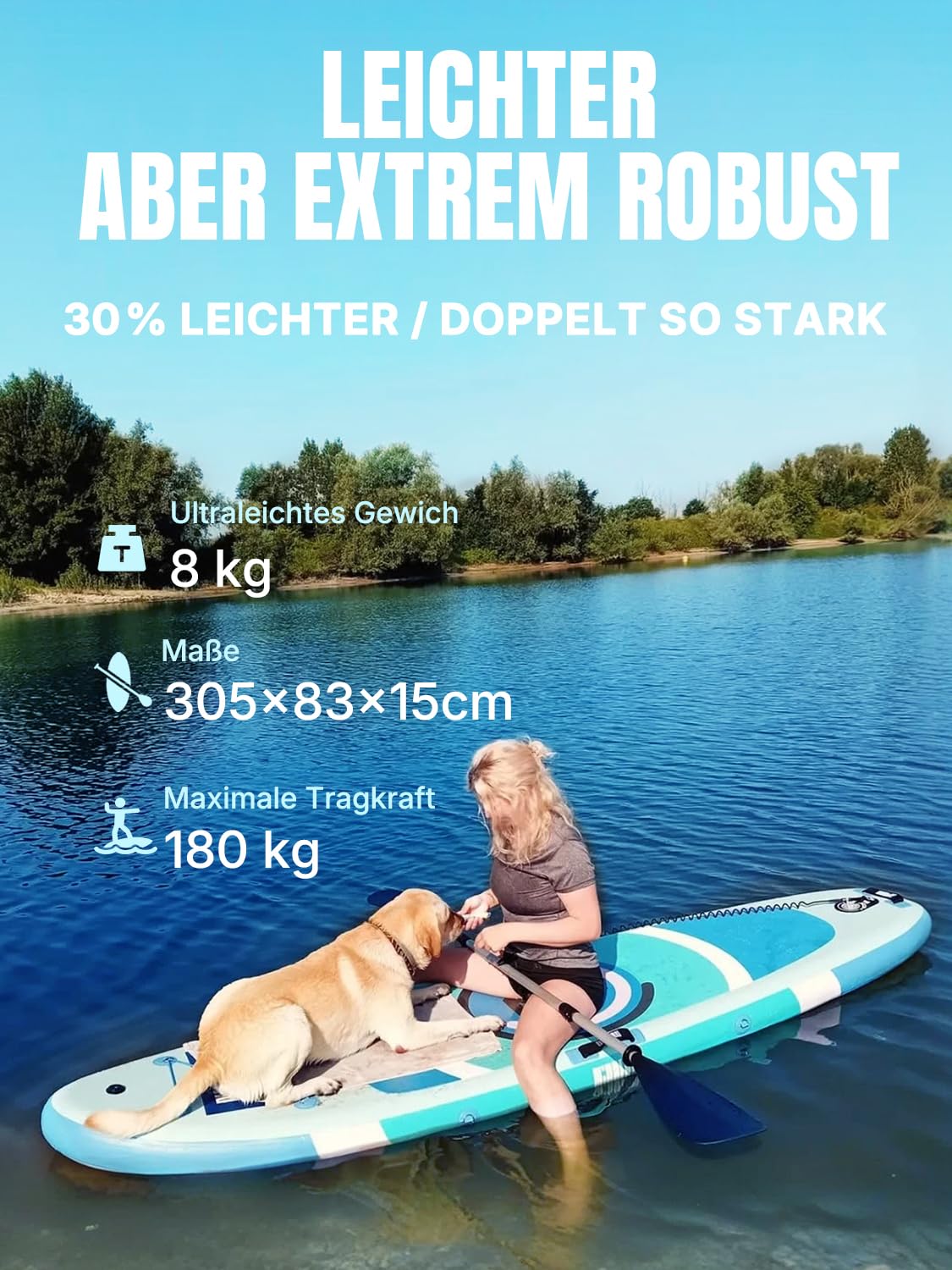Niphean SUP Board 305 cm – aufblasbares Paddleboard mit Balancierflügel & robustem Zubehör, für Erwachsene, auch als Yoga SUP nutzbar