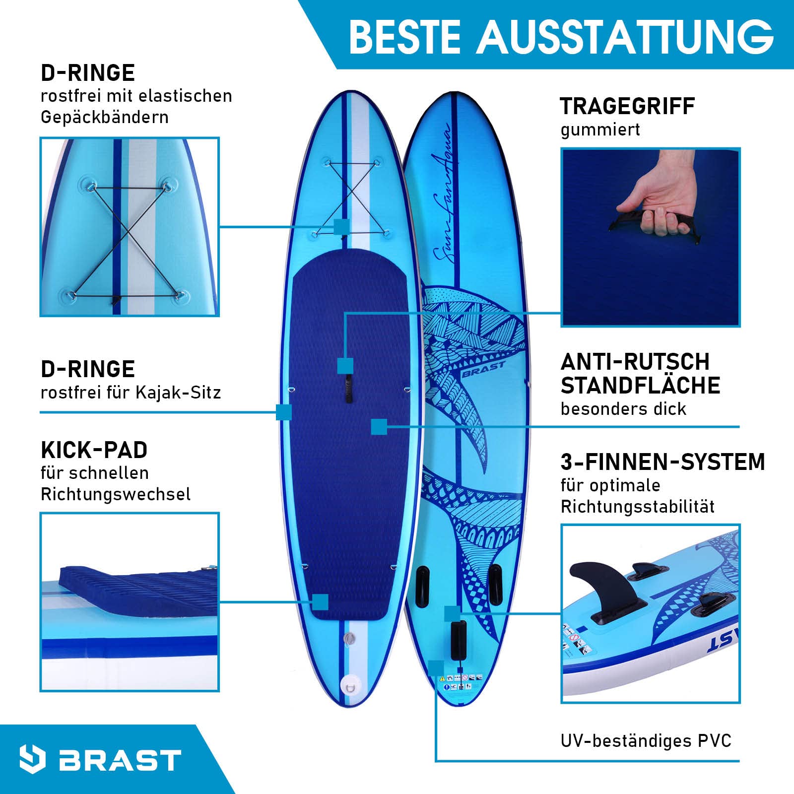 BRAST SUP Board Shark 320×81×15 cm – aufblasbares Paddle Set mit 2in1 Paddel, Kajak-Sitz, Zubehör & 5 Jahren Garantie, 8 Designs