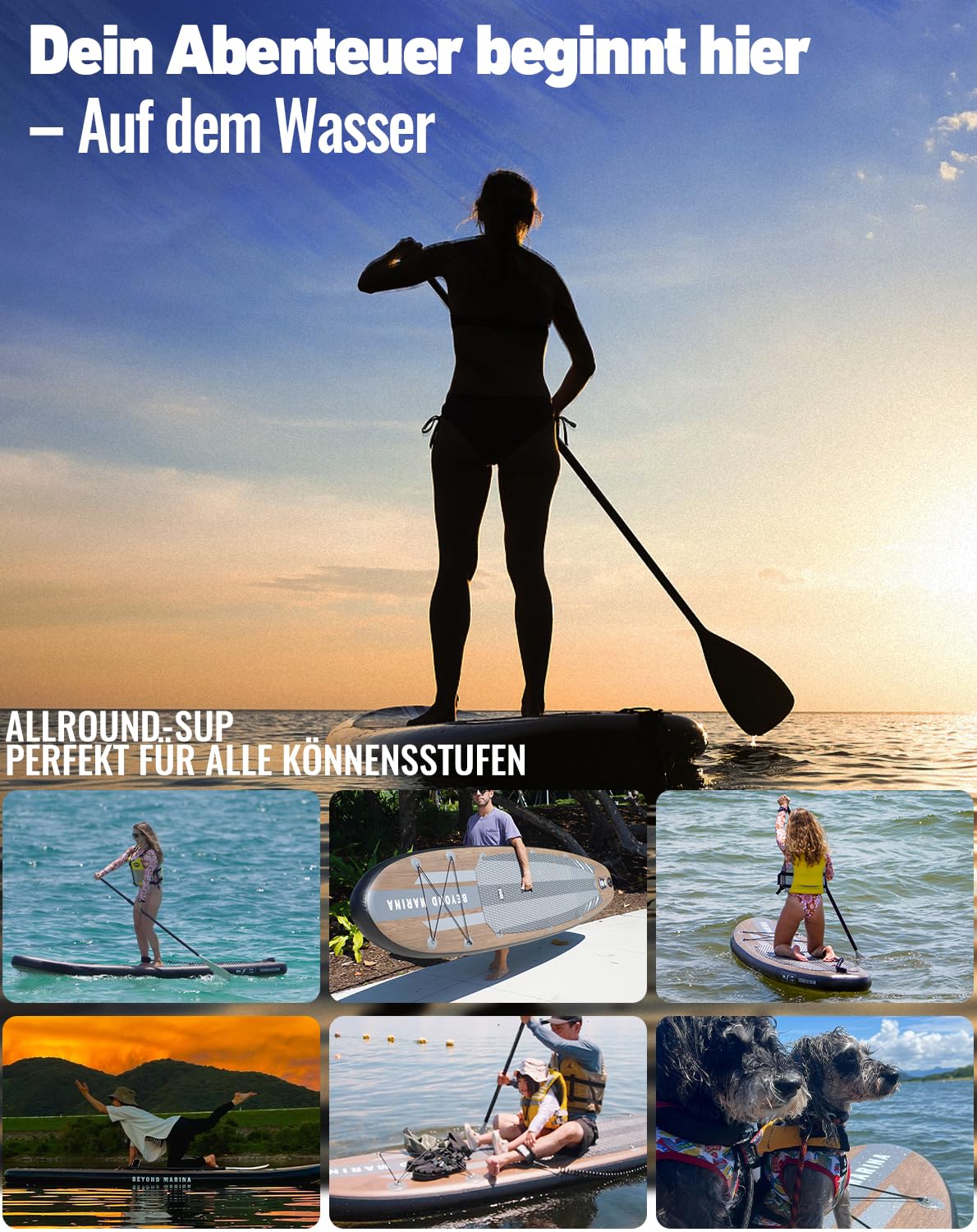 BEYOND MARINA SUP Board 320×81×15 cm – aufblasbares Paddleboard mit Sitz, 2-in-1 Paddel, Pumpe, Rucksack & Leash, Design Holzmaserung