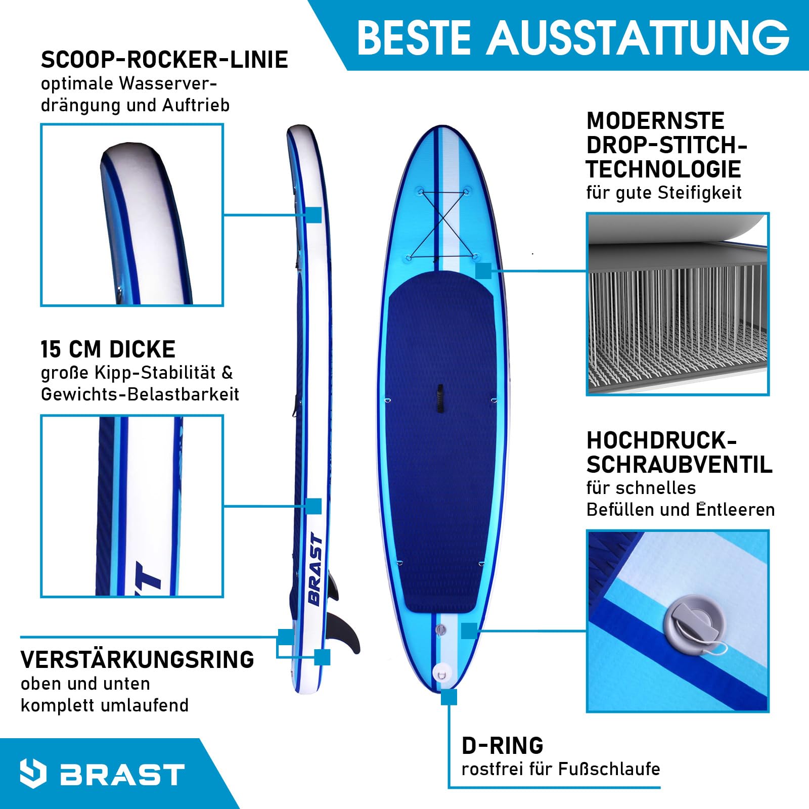BRAST SUP Board Shark 320×81×15 cm – aufblasbares Paddle Set mit 2in1 Paddel, Kajak-Sitz, Zubehör & 5 Jahren Garantie, 8 Designs