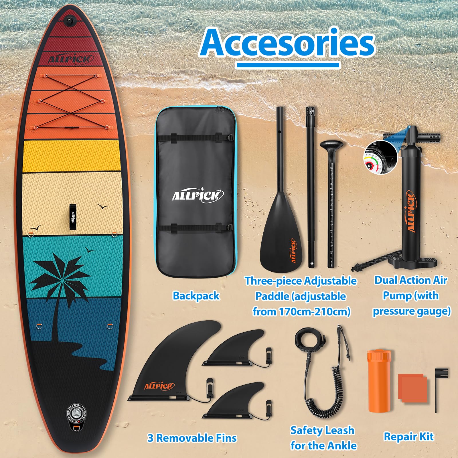 ALLPICK Premium SUP Board – aufblasbares Paddleboard Set mit Kamerahalterung, Paddel & Zubehör, für Anfänger & Fortgeschrittene, 150–180 kg, Orange
