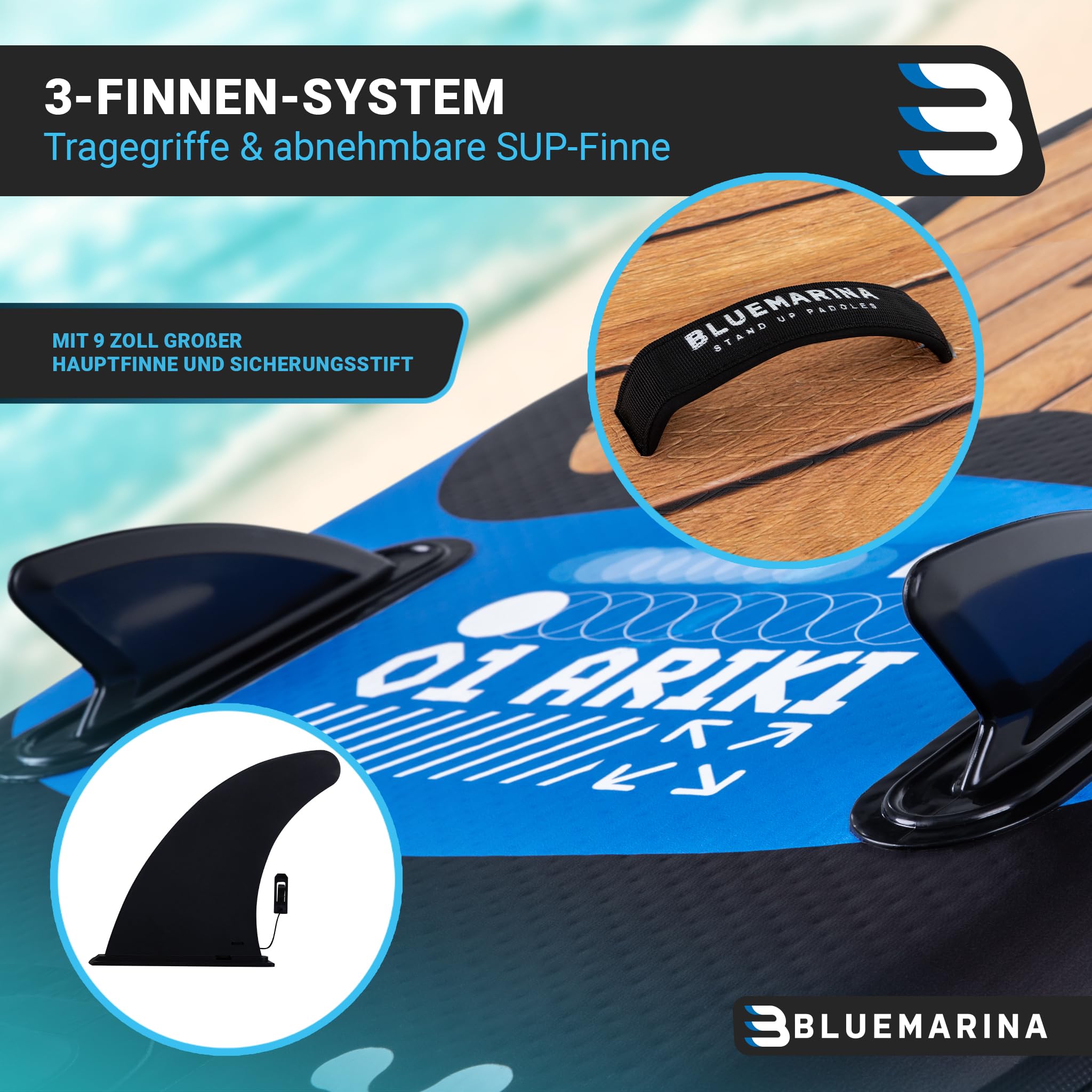 Bluemarina SUP Board 325×86×15 cm – aufblasbares Stand-Up-Paddle mit 140 kg Tragkraft, 5 Jahre Garantie, Set Black Yacht Edition