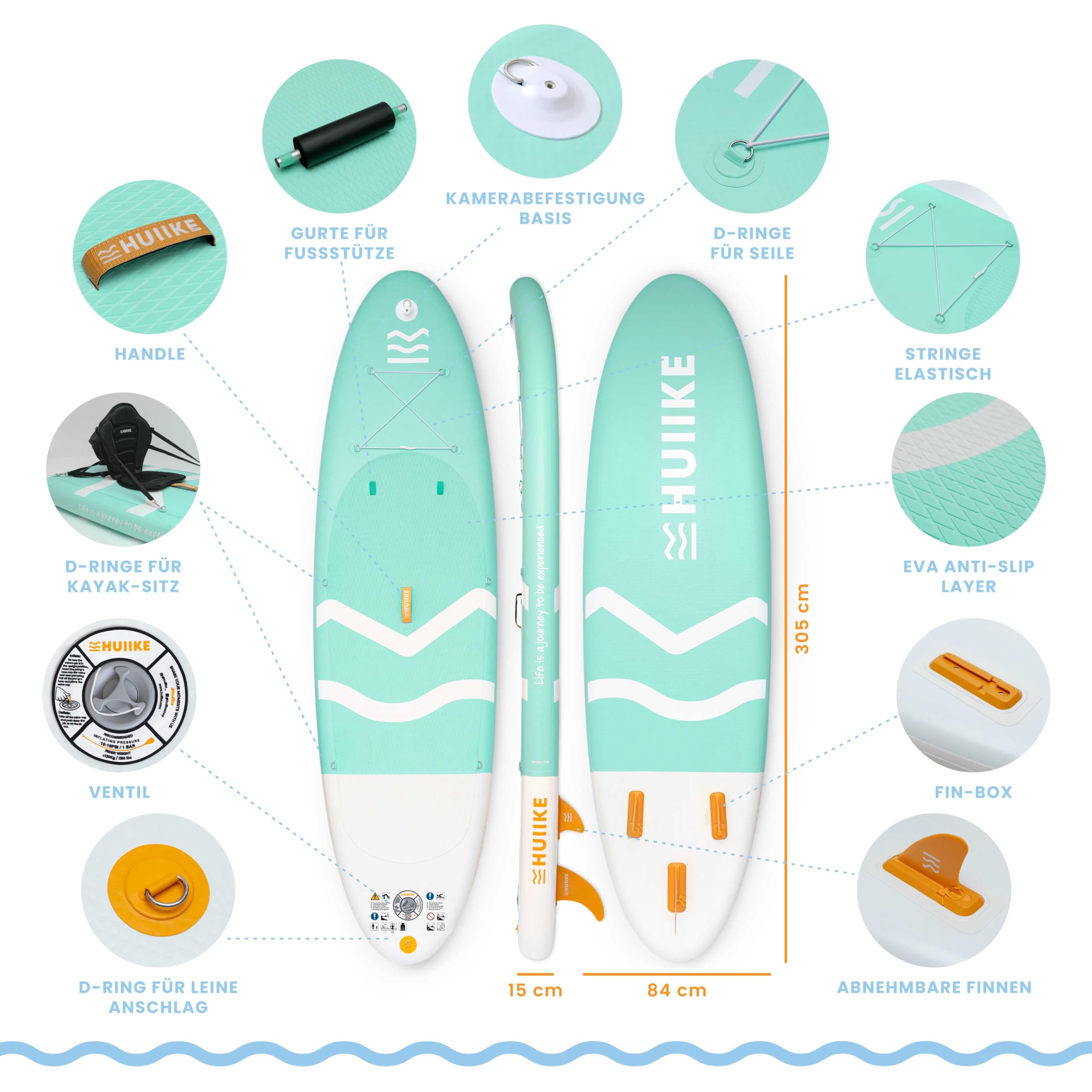 HUIIKE SUP Board 305×84×15 cm – aufblasbares Paddleboard mit Paddel, Finnen & Pumpe, stabiles Board bis 130 kg Tragkraft