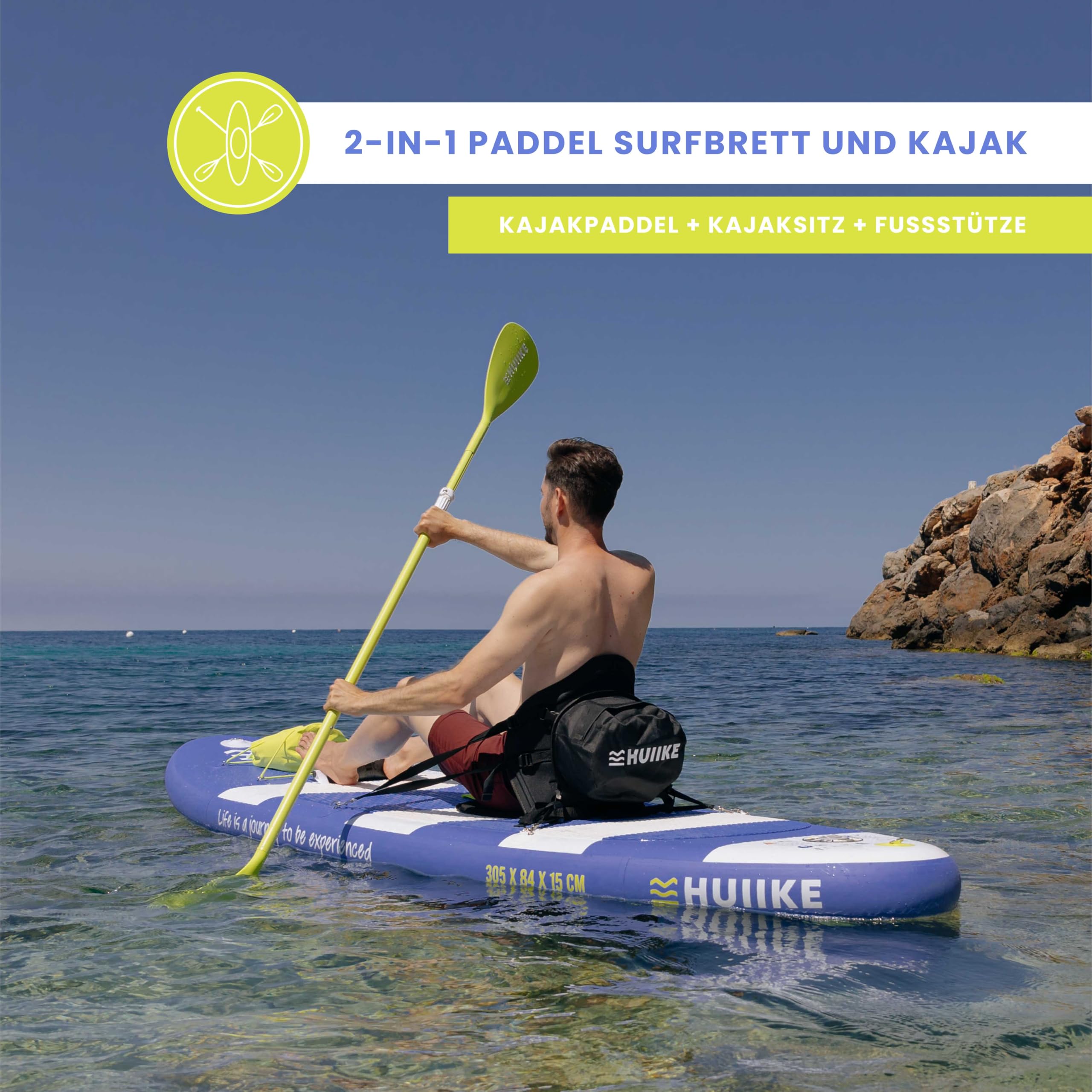 HUIIKE SUP Board 305×84×15 cm – aufblasbares Stand-Up-Paddle mit Paddel, Finnen & Pumpe, stabiles Board bis 130 kg Tragkraft