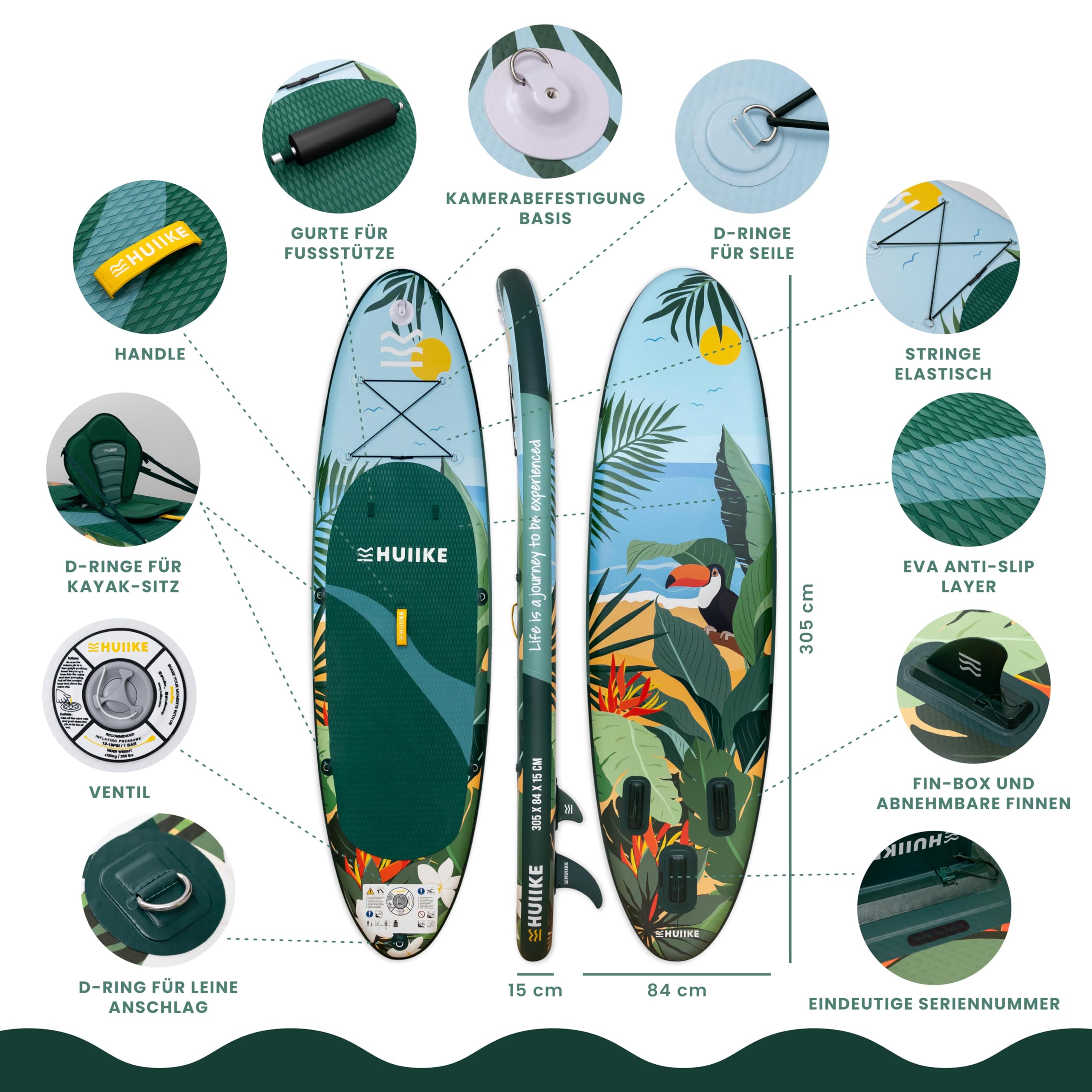 HUIIKE SUP Board 305×84×15 cm – aufblasbares Paddleboard mit Paddel, Finnen & Pumpe, stabiles Board bis 130 kg