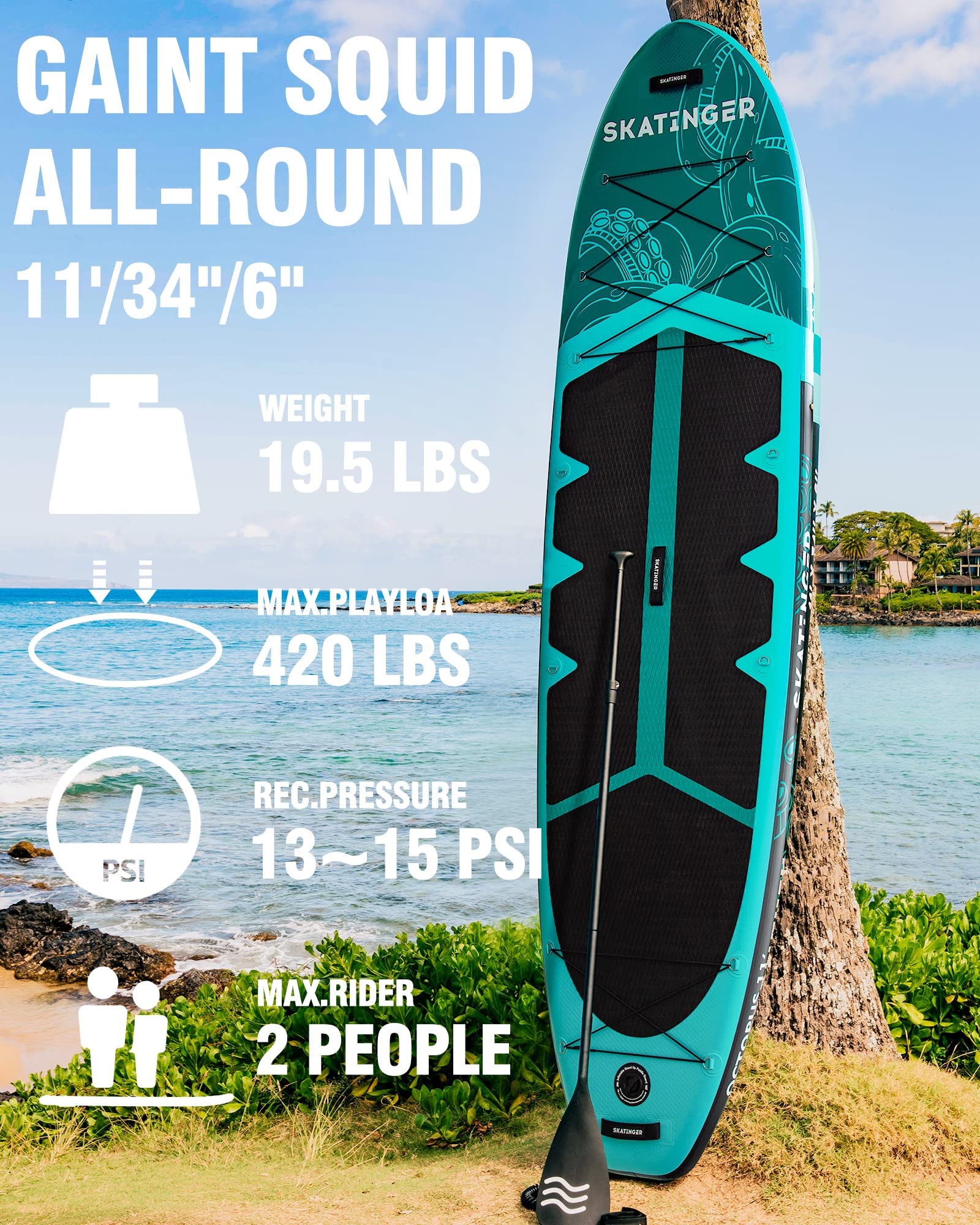 Skatinger SUP Board 335×86 cm – extra breites aufblasbares Paddelbrett bis 190 kg, stabiles Stand-Up-Paddle für 2 Personen inkl. Paddel & Finne
