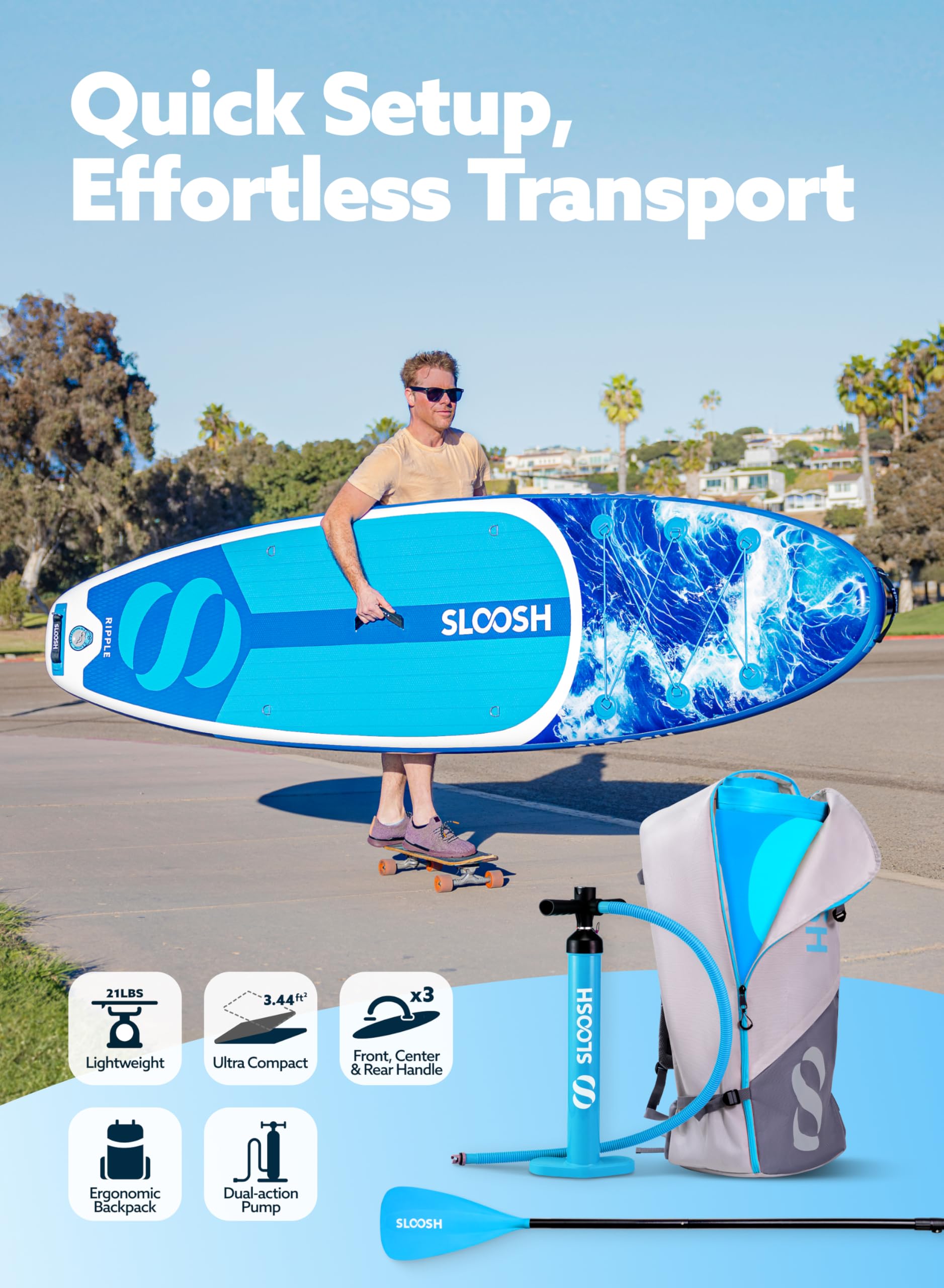 SLOOSH SUP Board 10'6" – aufblasbares Paddleboard mit Premium-Zubehör, rutschfestem EVA-Deck, Pumpe & Tasche, für Jugendliche & Erwachsene