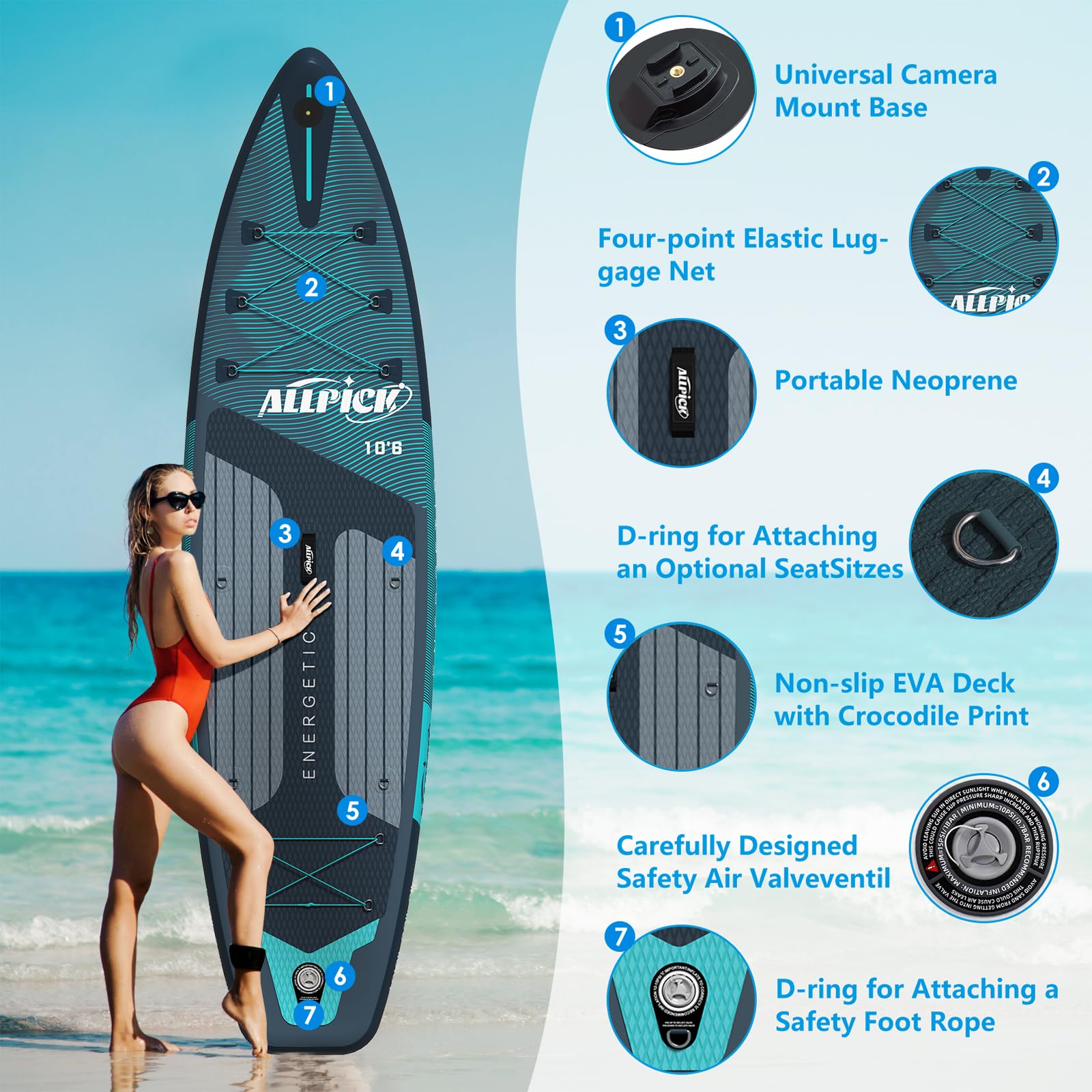 ALLPICK Premium SUP Board – aufblasbares Paddleboard Set mit Kamerahalterung, Paddel & Zubehör, für Anfänger & Fortgeschrittene bis 200 kg