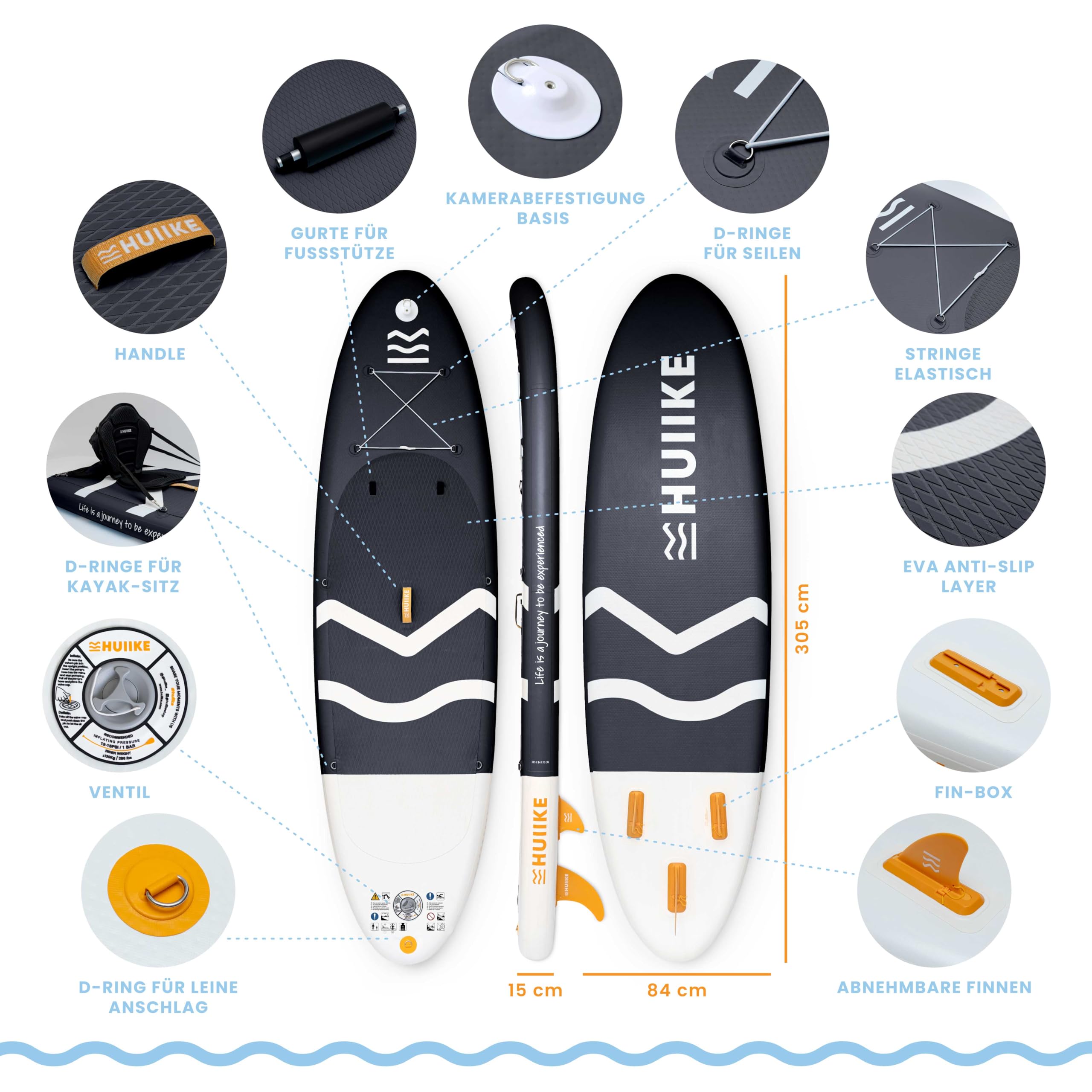 HUIIKE SUP Board 305×84×15 cm – aufblasbares Stand-Up-Paddle mit Paddel, Finnen & Pumpe, stabiles Board bis 130 kg Belastbarkeit