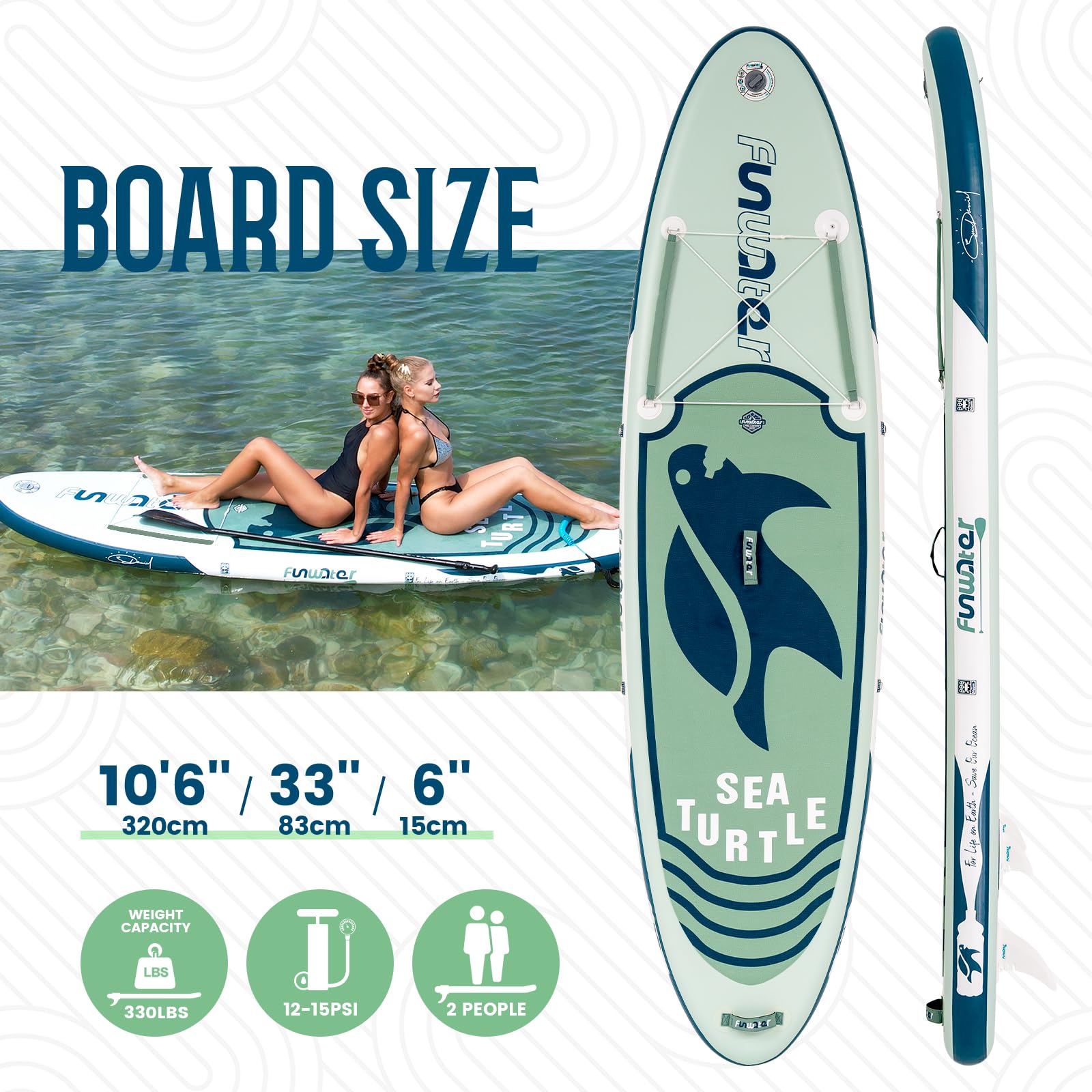 FunWater SUP Board 320/350 cm – aufblasbares Paddleboard mit Paddel, Pumpe, Rucksack, Leash & Drybag, Komplettset Schildi-Grün