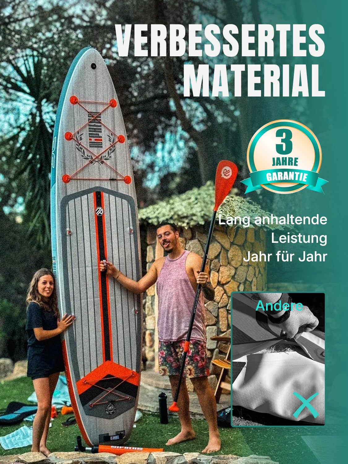 Niphean SUP Board Extra Groß – aufblasbares Stand-Up-Paddle für 2+1 Personen mit Balancierflügel, Handyhülle & Zubehör, familientauglich