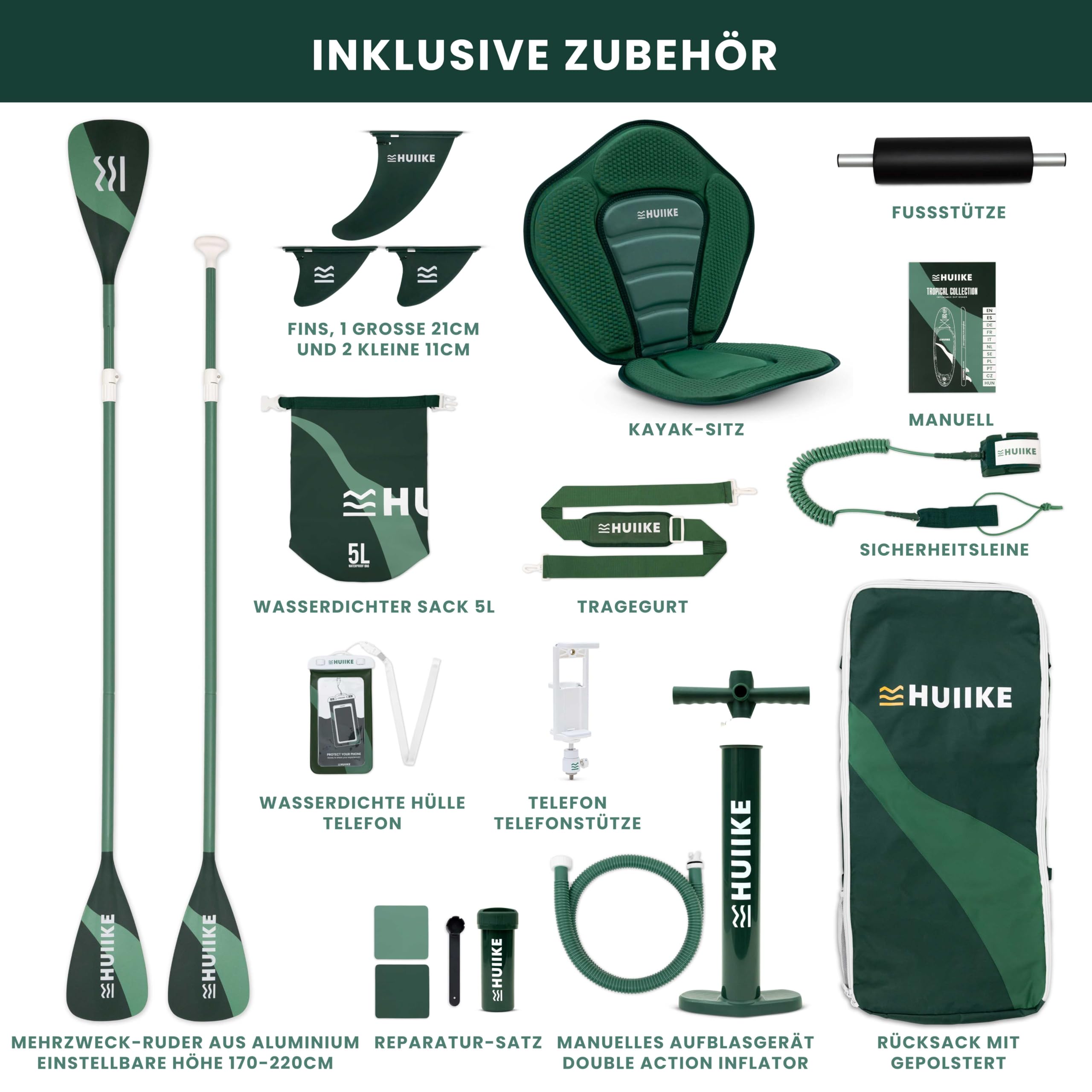 HUIIKE SUP Board 305×84×15 cm – aufblasbares Paddleboard mit Paddel, Finnen & Pumpe, stabiles Board bis 130 kg