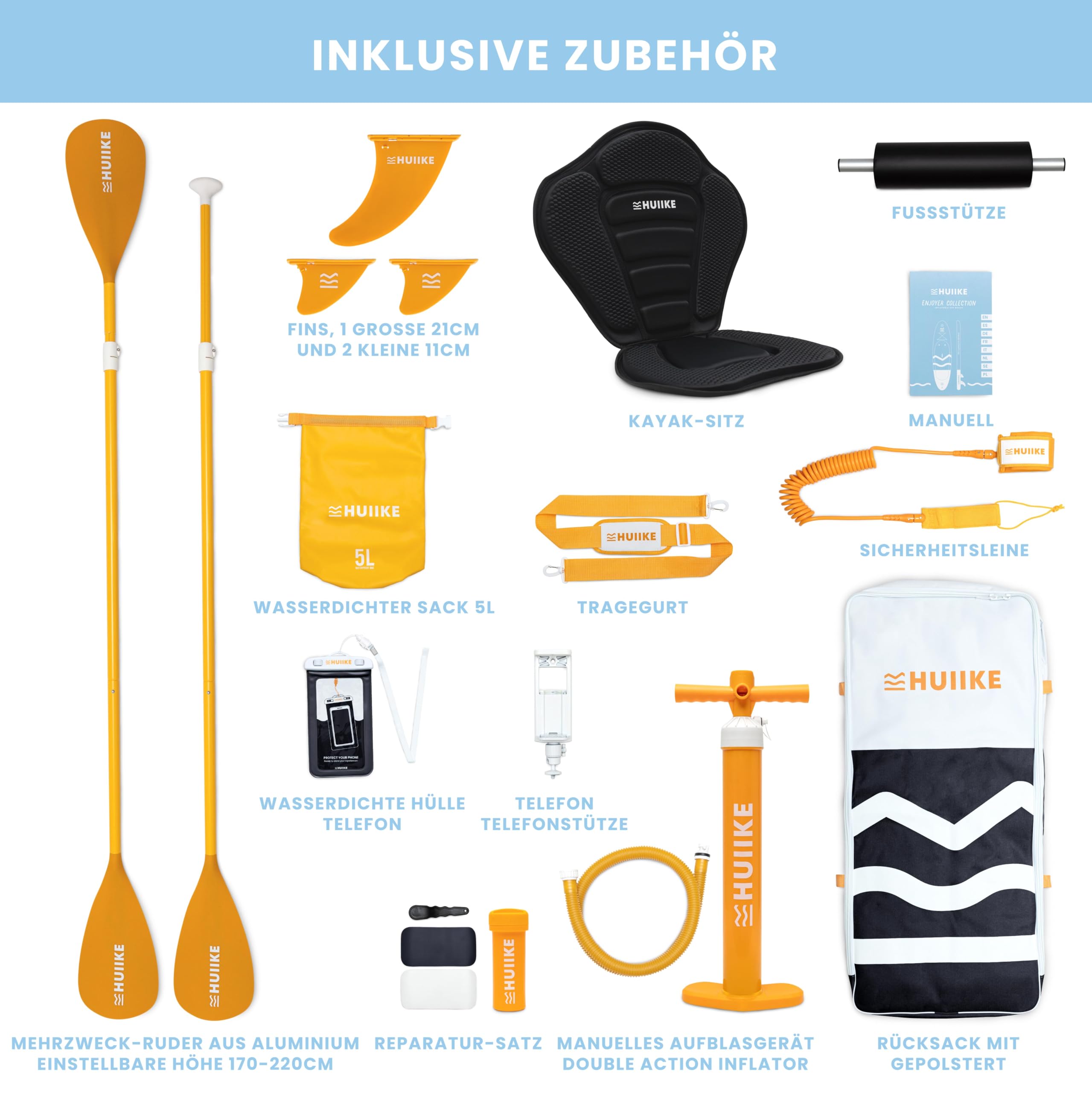 HUIIKE SUP Board 305×84×15 cm – aufblasbares Stand-Up-Paddle mit Paddel, Finnen & Pumpe, stabiles Board bis 130 kg Belastbarkeit