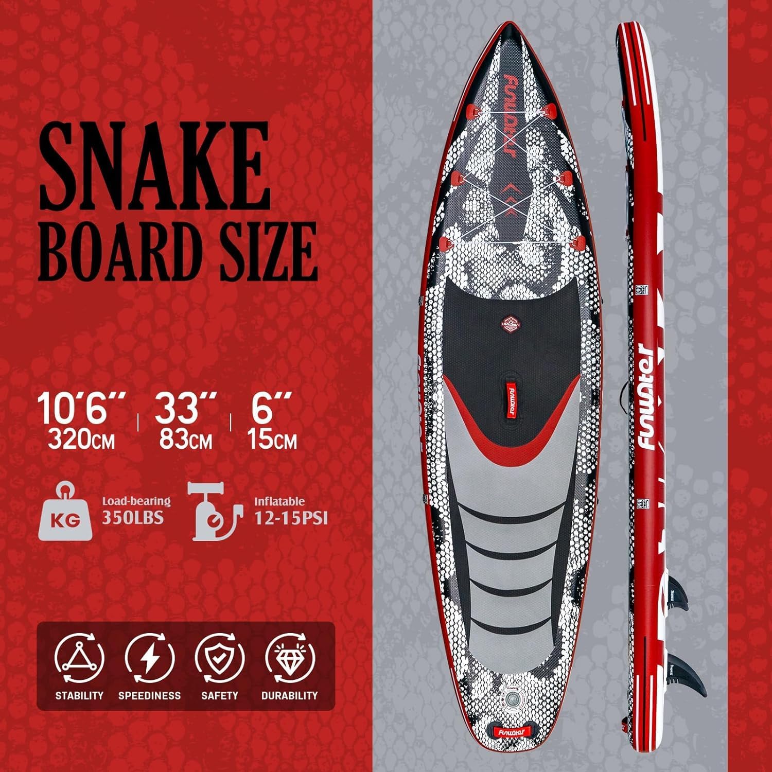 FunWater SUP Board 10'6" & 11'6" – aufblasbares Stand-Up-Paddle mit Flossen, Leash, Pumpe, Paddel & Rucksack, für alle Könnensstufen