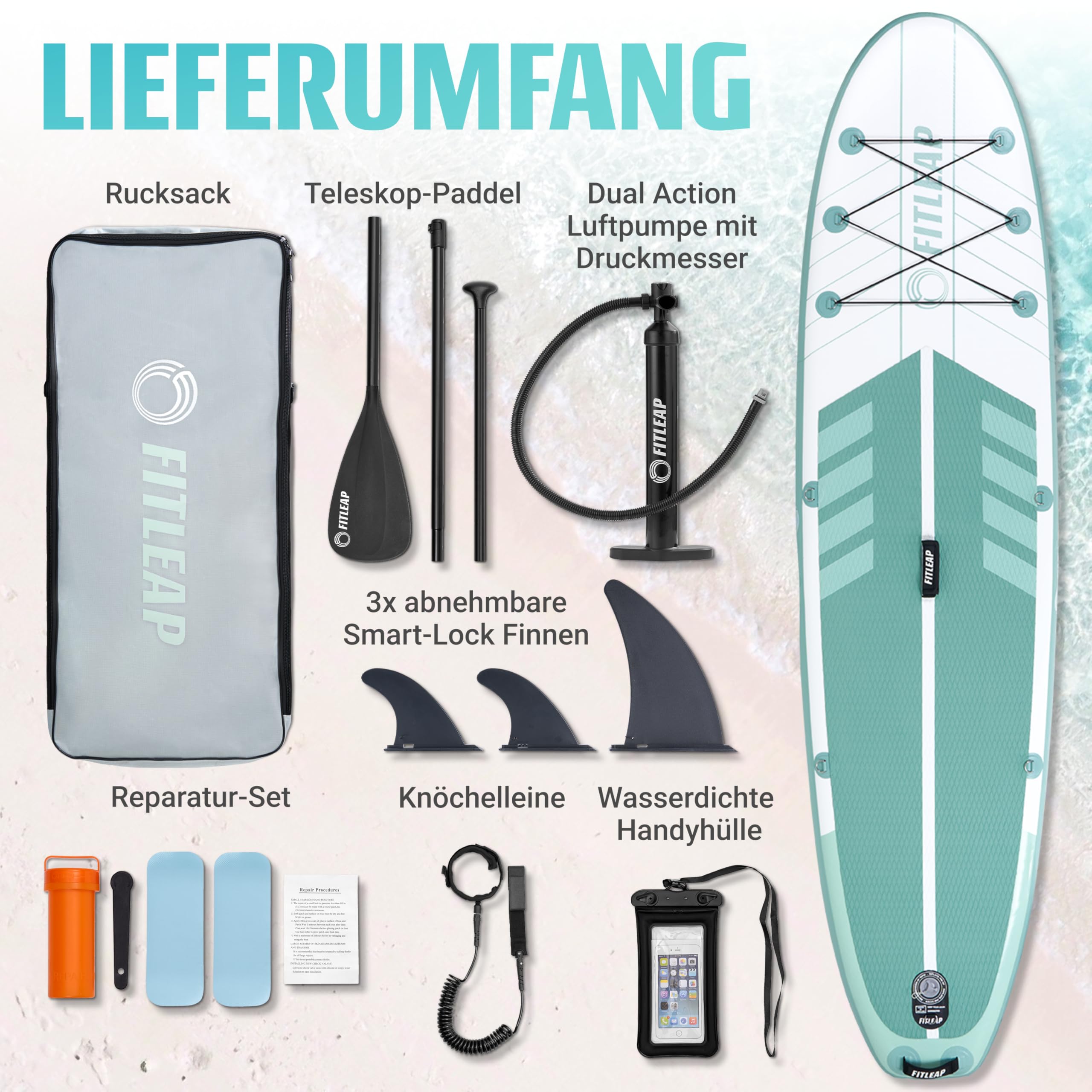 Fitleap Premium SUP Board – aufblasbares Paddleboard Set mit Pumpe, Paddel & Rucksack, für Anfänger & Profis, ideal für Yoga & Wassersport