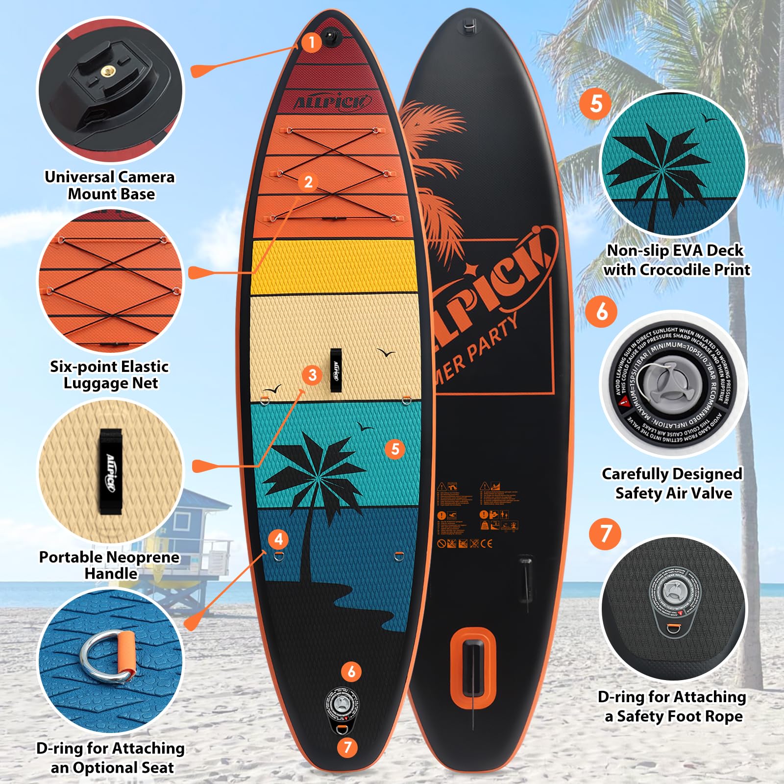 ALLPICK Premium SUP Board – aufblasbares Paddleboard Set mit Kamerahalterung, Paddel & Zubehör, für Anfänger & Fortgeschrittene, 150–180 kg, Orange