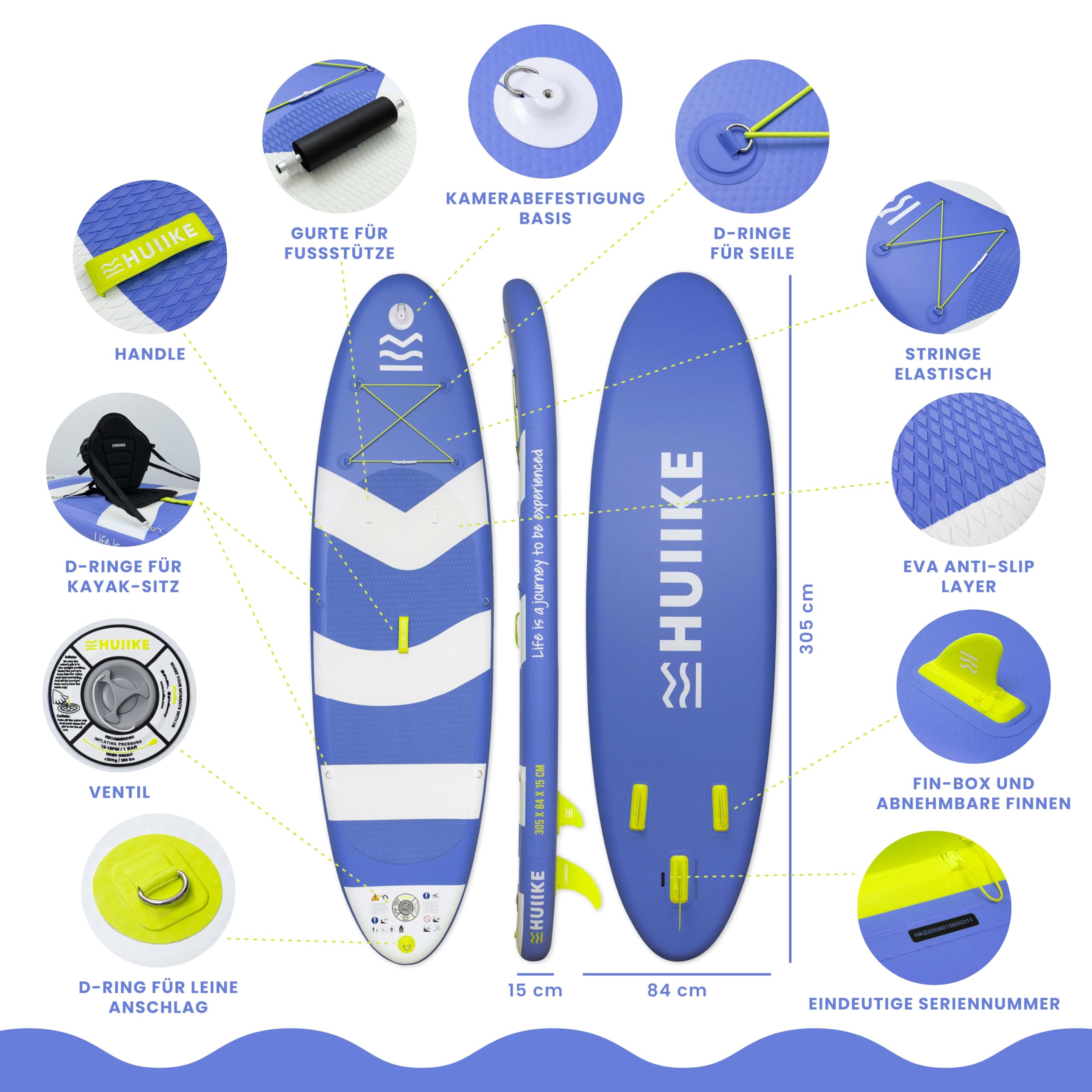 HUIIKE SUP Board 305×84×15 cm – aufblasbares Stand-Up-Paddle mit Paddel, Finnen & Pumpe, stabiles Board bis 130 kg Tragkraft