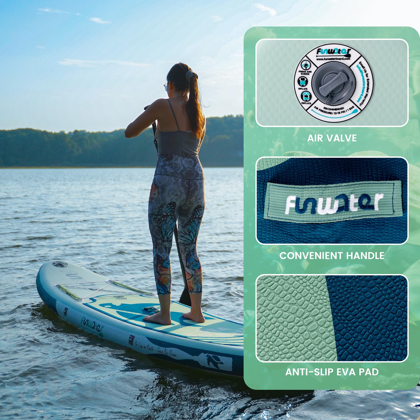 FunWater SUP Board 320/350 cm – aufblasbares Paddleboard mit Paddel, Pumpe, Rucksack, Leash & Drybag, Komplettset Schildi-Grün