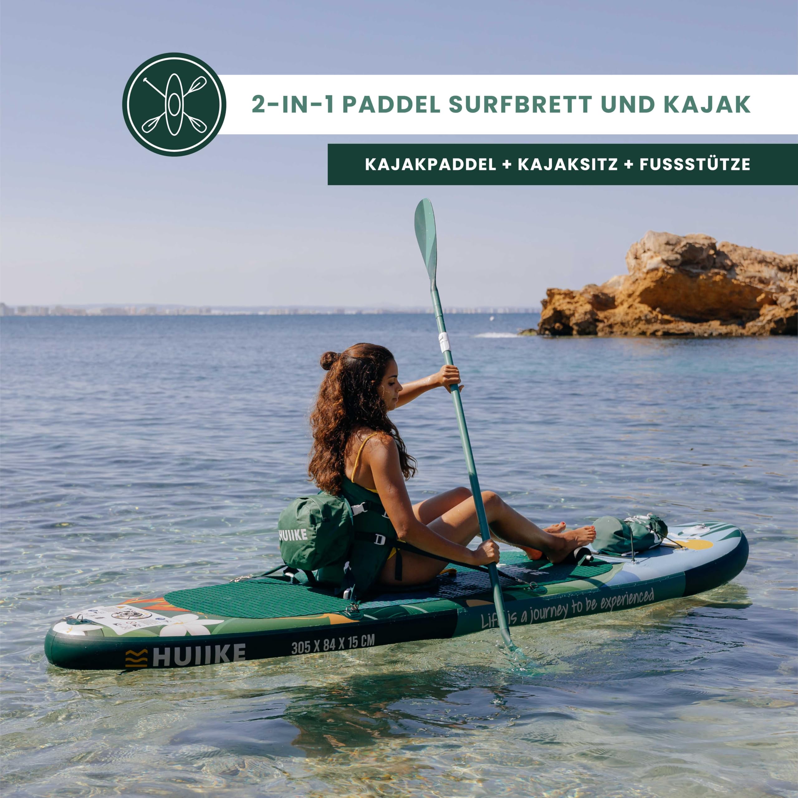 HUIIKE SUP Board 305×84×15 cm – aufblasbares Paddleboard mit Paddel, Finnen & Pumpe, stabiles Board bis 130 kg