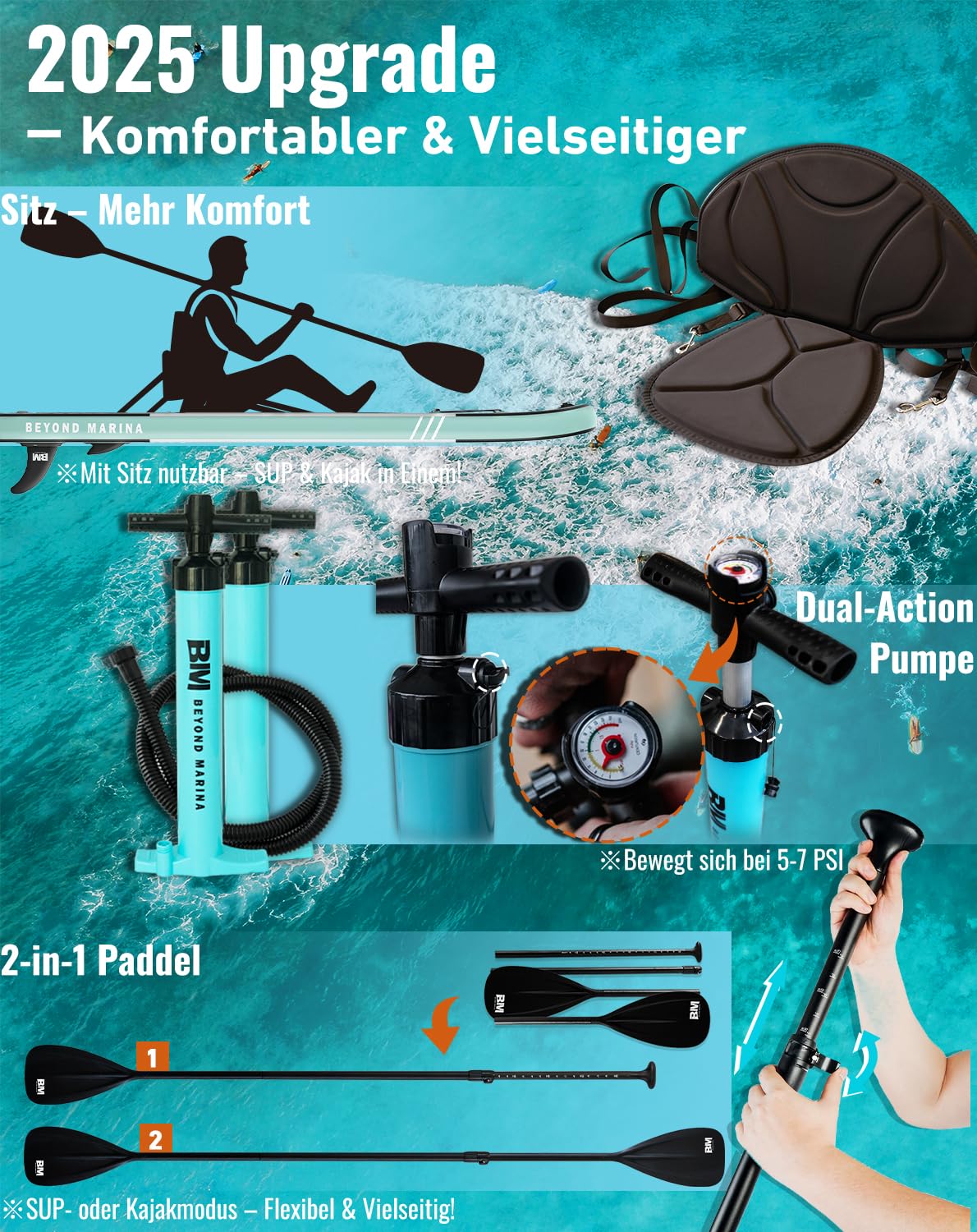 BEYOND MARINA SUP Board 320×81×15 cm – aufblasbares Paddleboard mit Sitz, 2-in-1 Paddel, Pumpe, Rucksack & Leash, Design Holzmaserung
