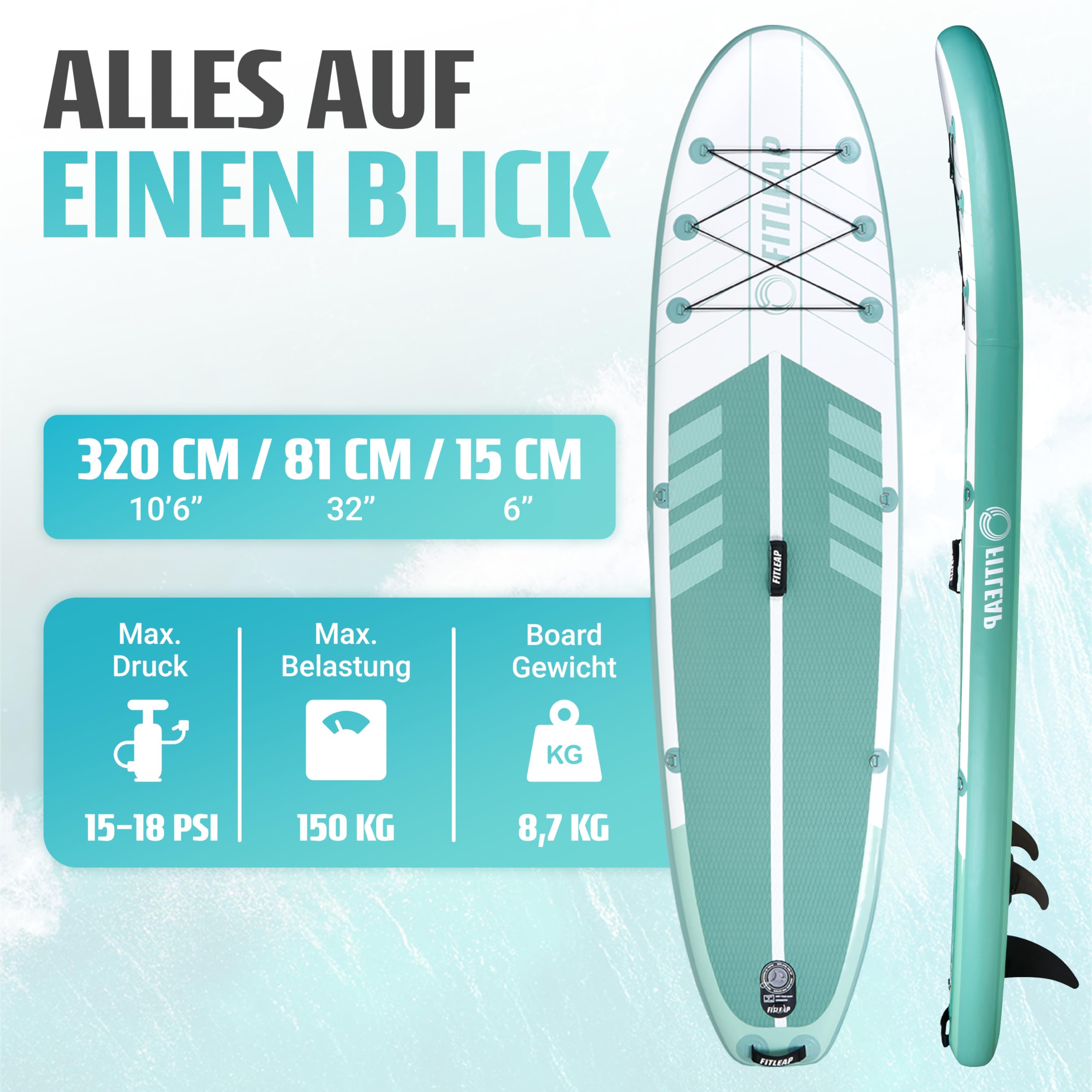 Fitleap Premium SUP Board – aufblasbares Paddleboard Set mit Pumpe, Paddel & Rucksack, für Anfänger & Profis, ideal für Yoga & Wassersport