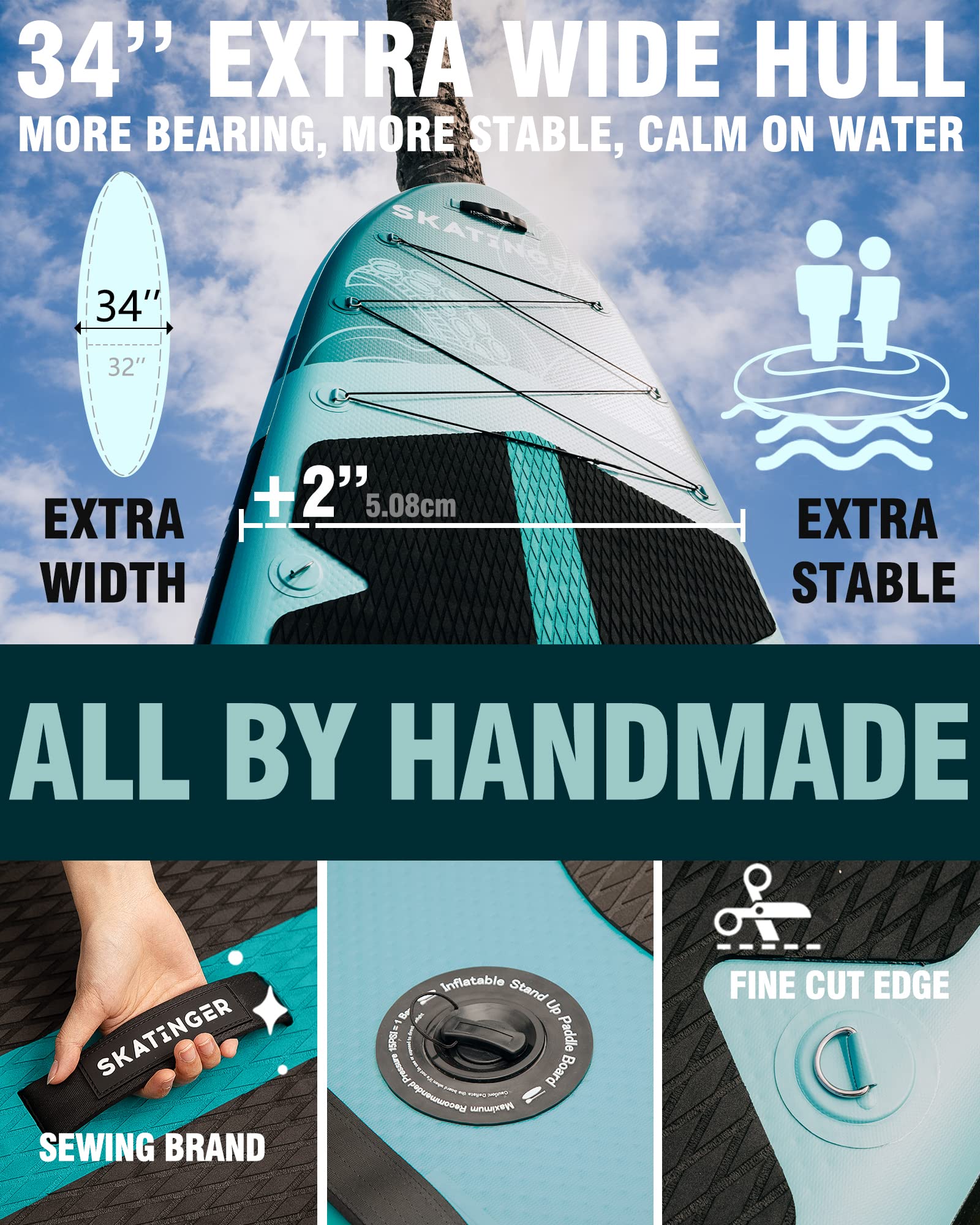 Skatinger SUP Board 335×86 cm – extra breites aufblasbares Paddelbrett bis 190 kg, stabiles Stand-Up-Paddle für 2 Personen inkl. Paddel & Finne