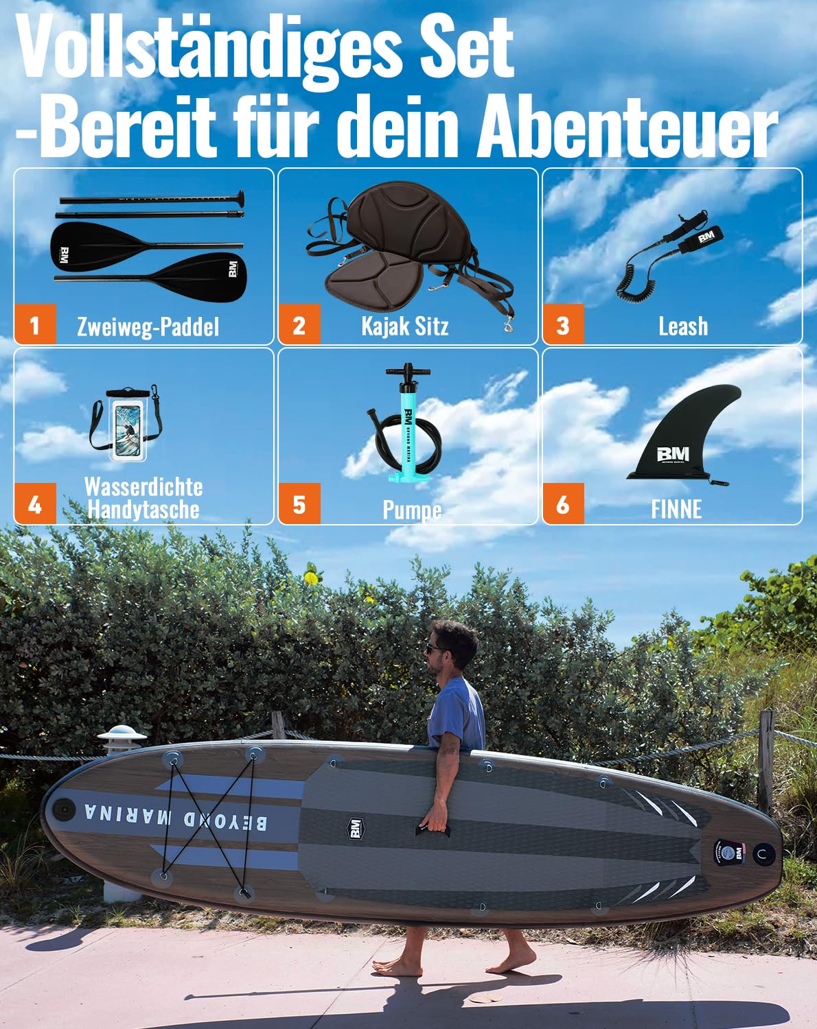 BEYOND MARINA SUP Board 320×81×15 cm – aufblasbares Paddleboard mit Sitz, 2-in-1 Paddel, Pumpe, Rucksack & Leash, Design Holzmaserung