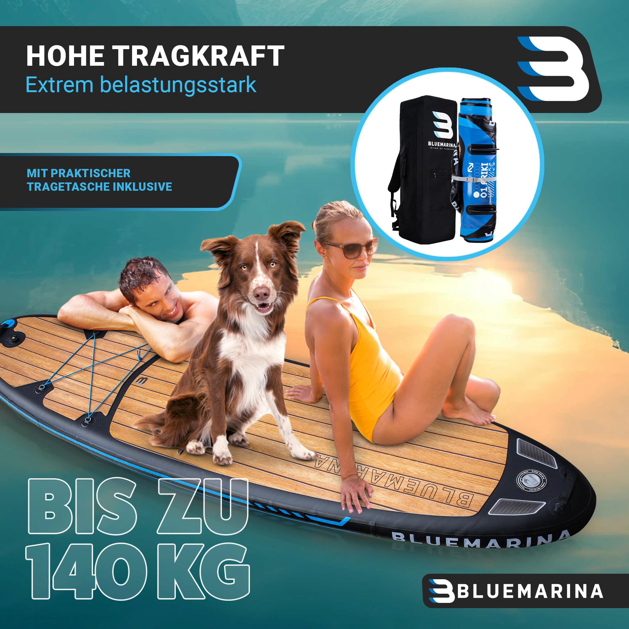 Bluemarina SUP Board 325×86×15 cm – aufblasbares Stand-Up-Paddle mit 140 kg Tragkraft, 5 Jahre Garantie, Set Black Yacht Edition