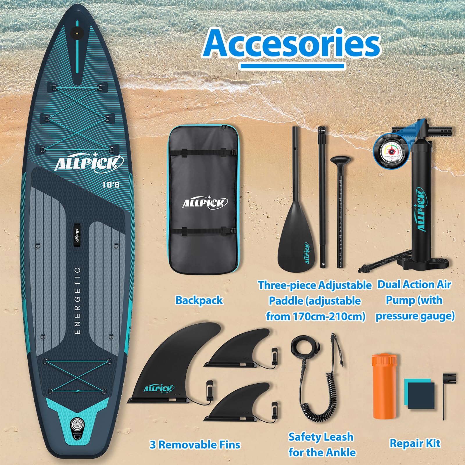 ALLPICK Premium SUP Board – aufblasbares Paddleboard Set mit Kamerahalterung, Paddel & Zubehör, für Anfänger & Fortgeschrittene bis 200 kg