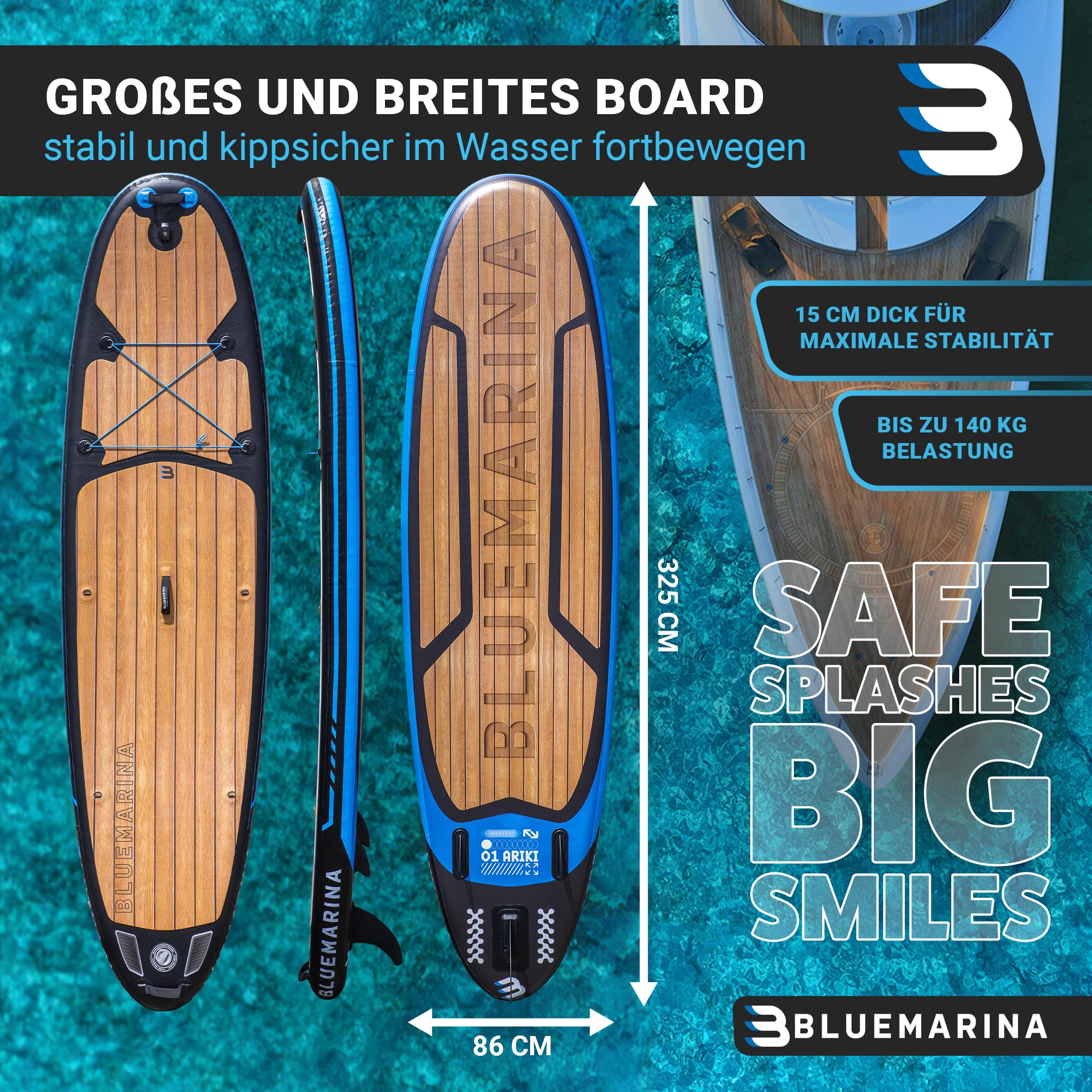 Bluemarina SUP Board 325×86×15 cm – aufblasbares Stand-Up-Paddle mit 140 kg Tragkraft, 5 Jahre Garantie, Set Black Yacht Edition