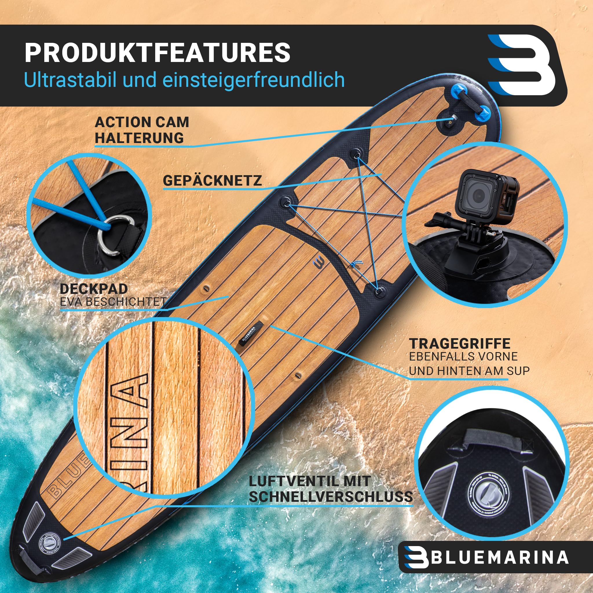 Bluemarina SUP Board 325×86×15 cm – aufblasbares Stand-Up-Paddle mit 140 kg Tragkraft, 5 Jahre Garantie, Set Black Yacht Edition