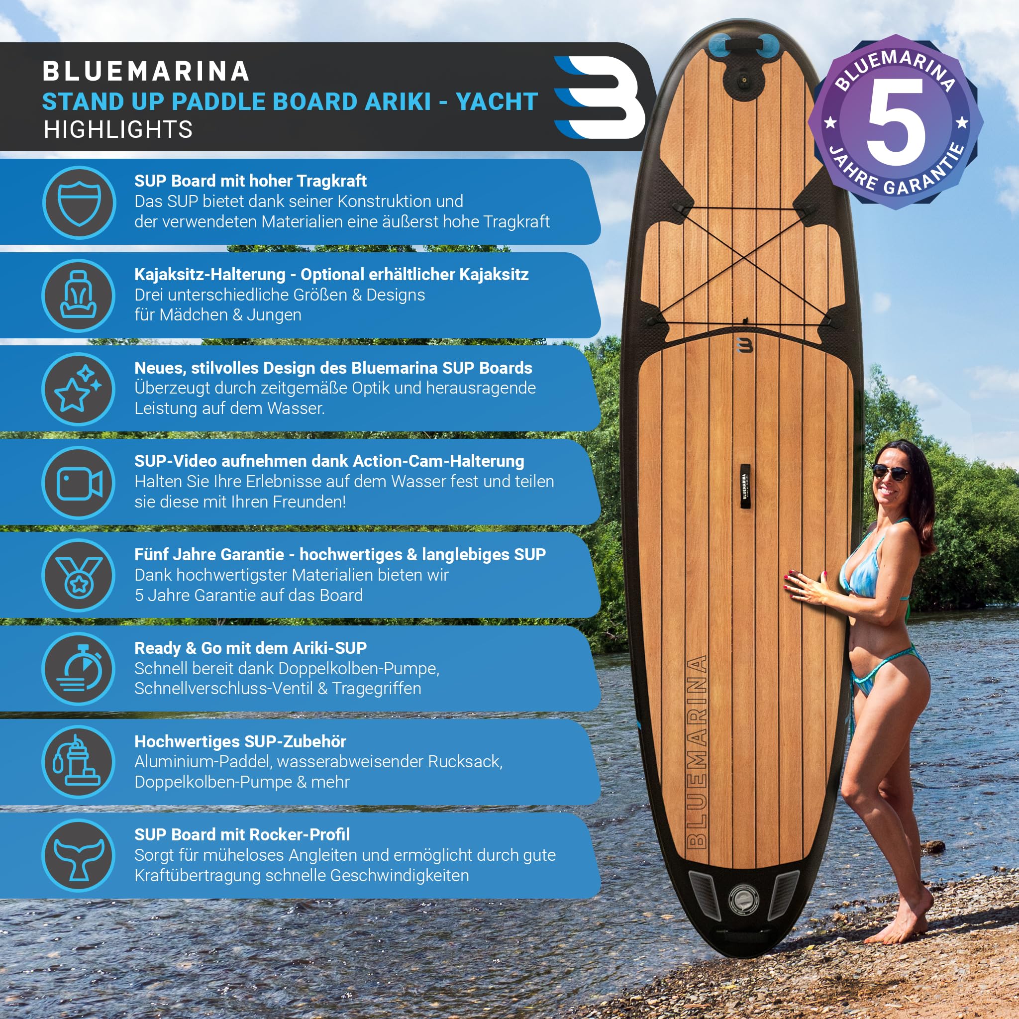 Bluemarina SUP Board 325×86×15 cm – aufblasbares Stand-Up-Paddle mit 140 kg Tragkraft, 5 Jahre Garantie, Set Black Yacht Edition