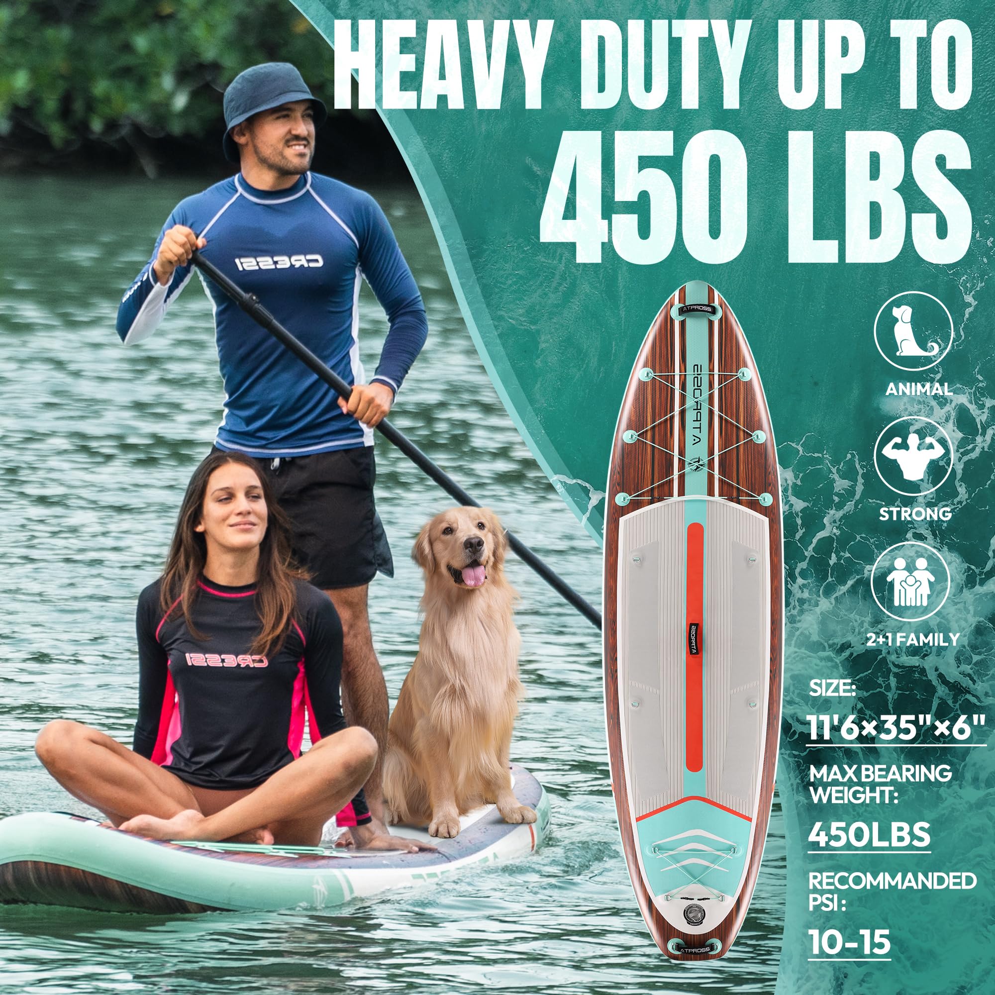 ATPROSS SUP Board 350×89×15 cm – aufblasbares Extra-Breit Paddleboard bis 200 kg mit Zubehör & Rucksack, perfekt für Yoga, Angeln & Surfen