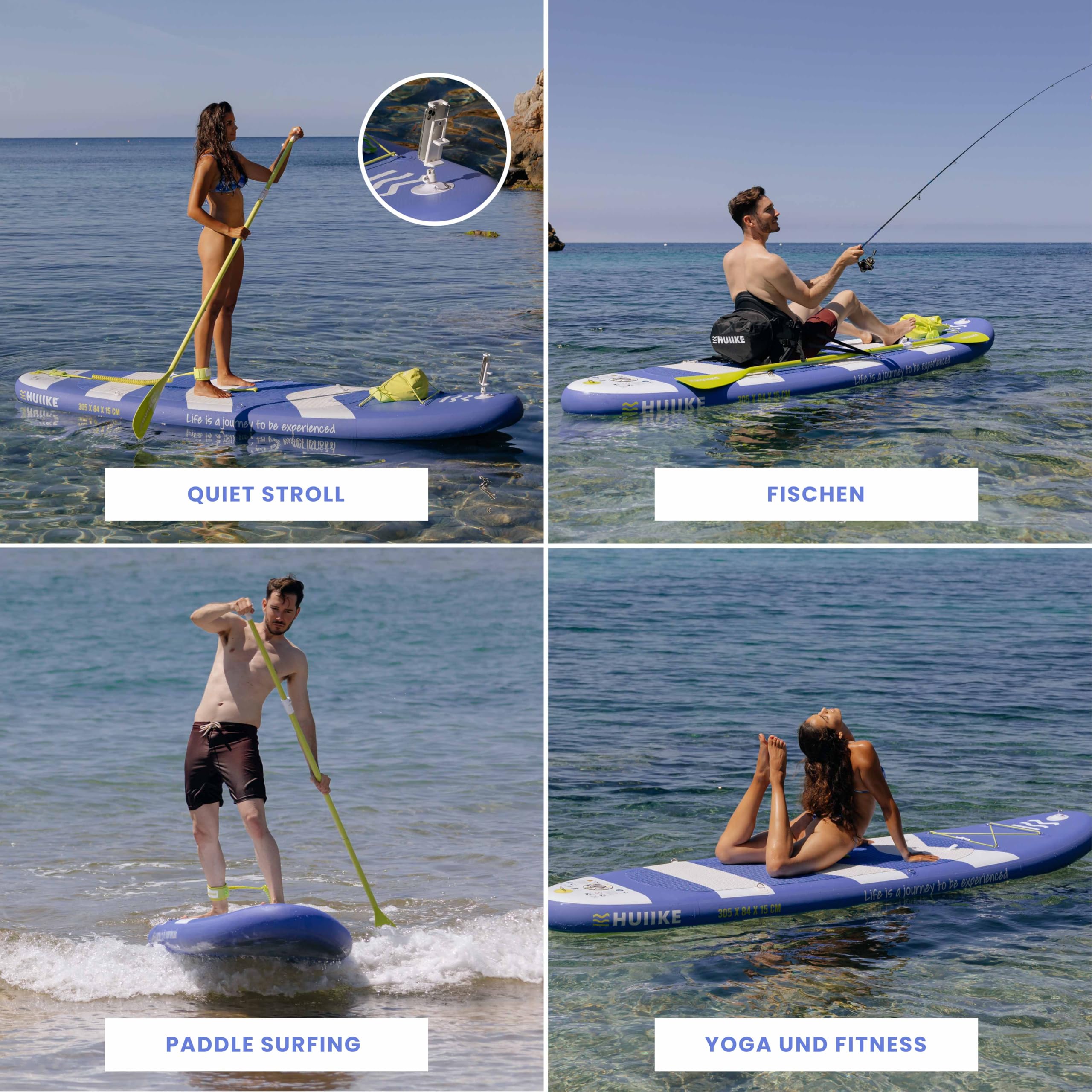 HUIIKE SUP Board 305×84×15 cm – aufblasbares Stand-Up-Paddle mit Paddel, Finnen & Pumpe, stabiles Board bis 130 kg Tragkraft